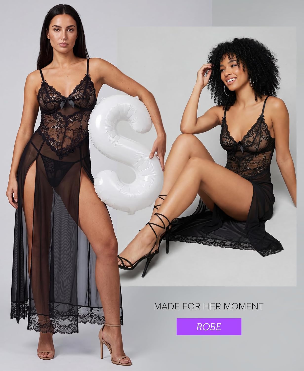 Detalle 2 de RSLOVE babydoll-nachthemd van kant en mesh met G-string