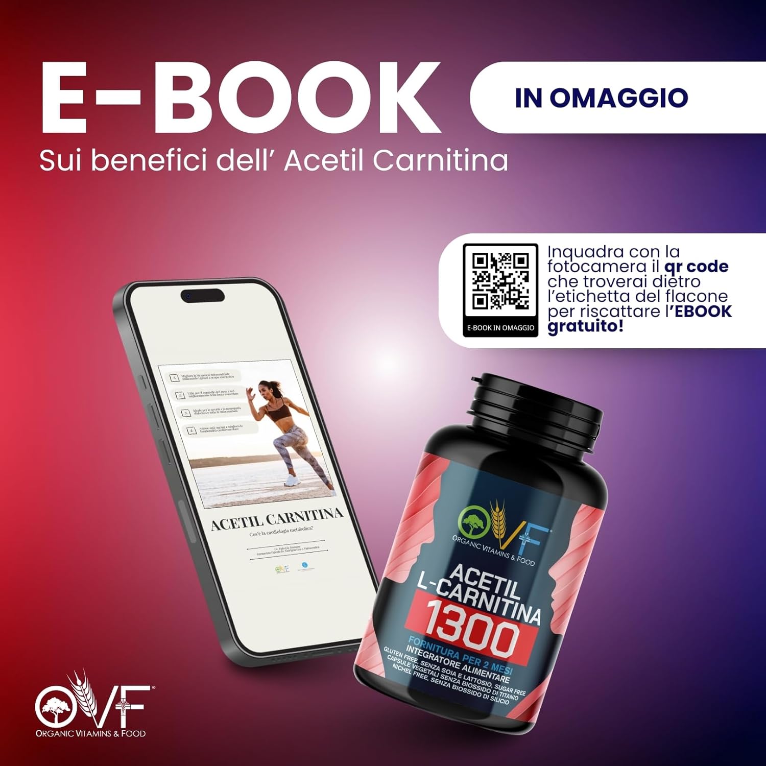 Detalle de OVF Acetil L-Carnitina 1300 mg 120 cps – energia e focus, Made in Italy
