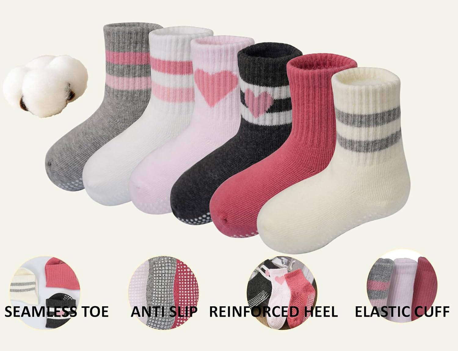 Detalle de Wamvp Toddler Grip Socks, 6-Pair Set