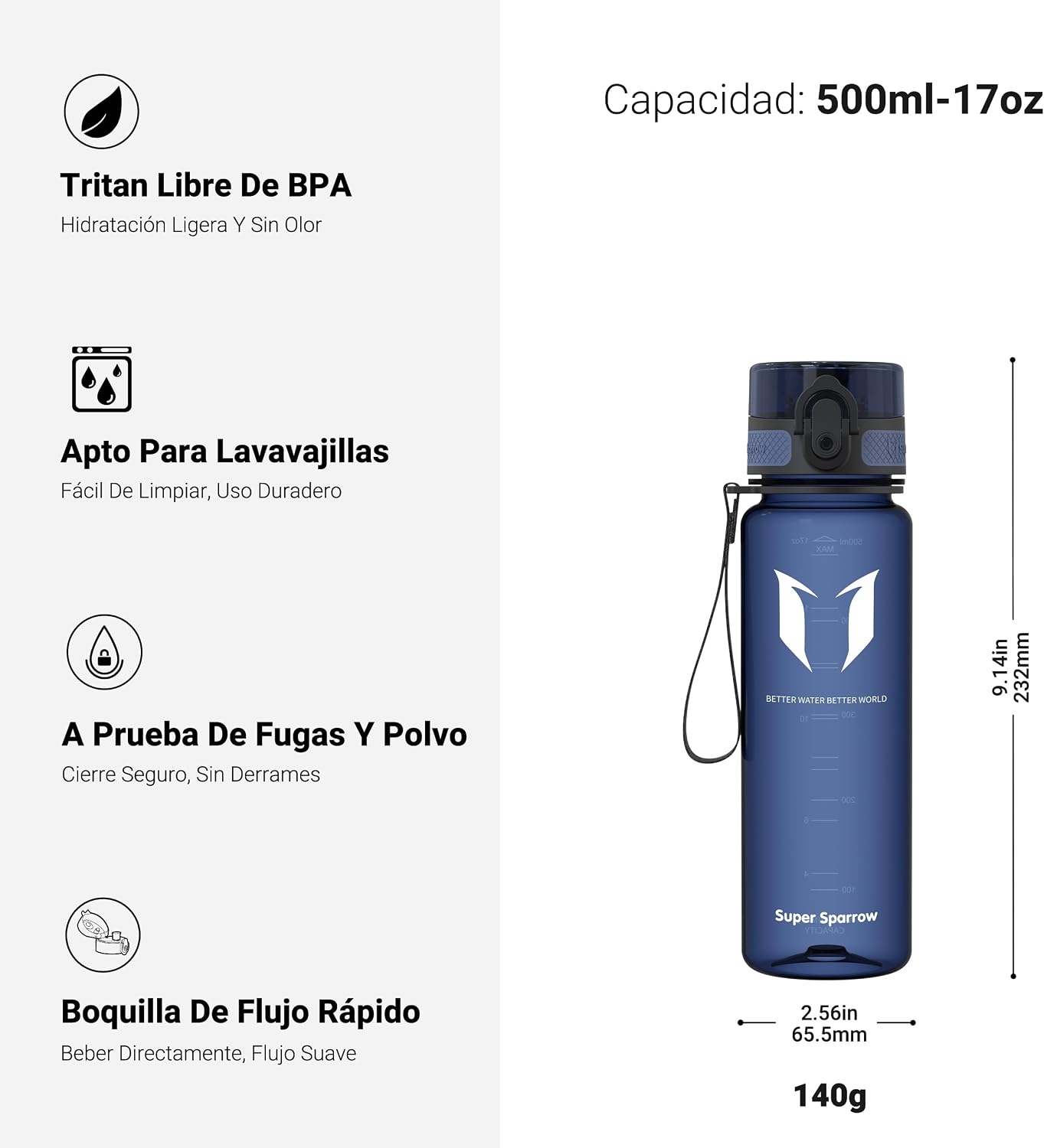 Detalle de Super Sparrow Botella de Agua Deportiva 750ml 🚰