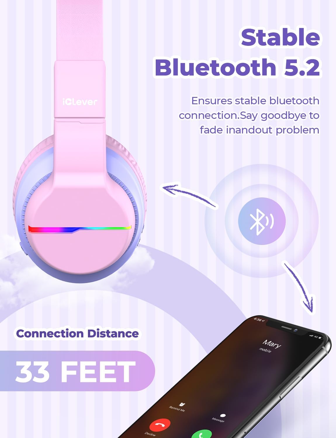 Thumbnail 4 de iClever BTH12 Kids Bluetooth Headphones (Blossom Pink) with LED Lights, 74/85 dBA Safe Volume, 85H Playtime, Bluetooth 5.2