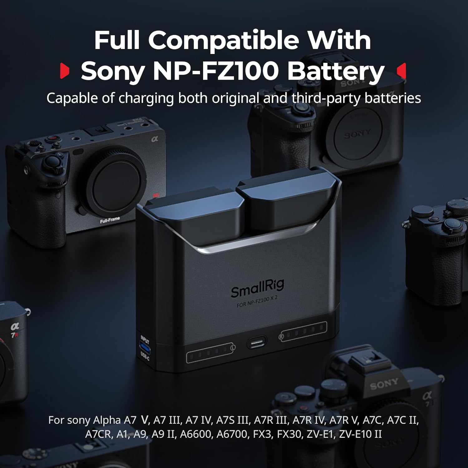 Detalle de SMALLRIG doppio caricabatterie NP-FZ100 con USB-C (doppio slot) per Sony Alpha