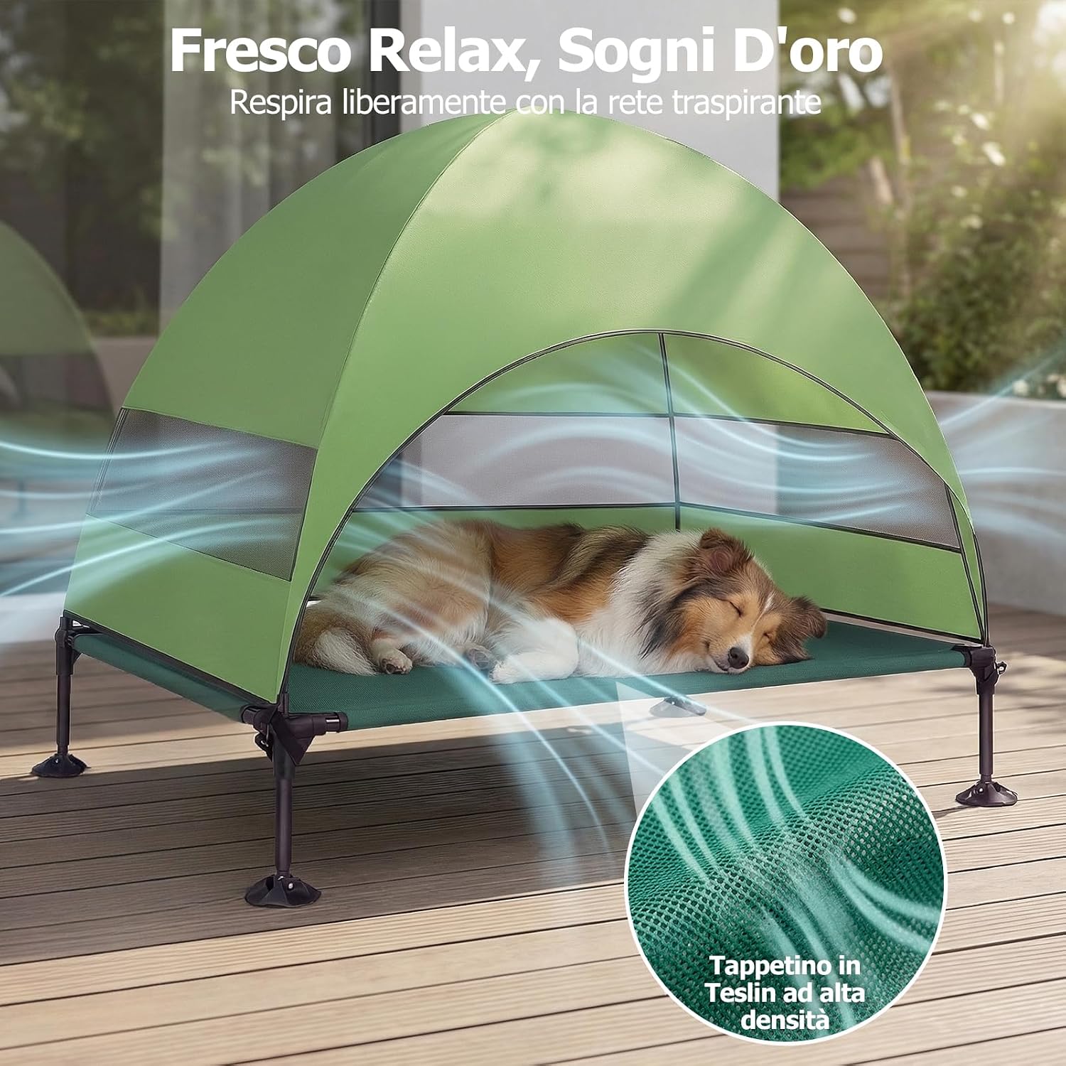 Detalle de Cuccia rialzata per cani da esterno con tetto verde (L) – stabile, ombrosa e pieghevole
