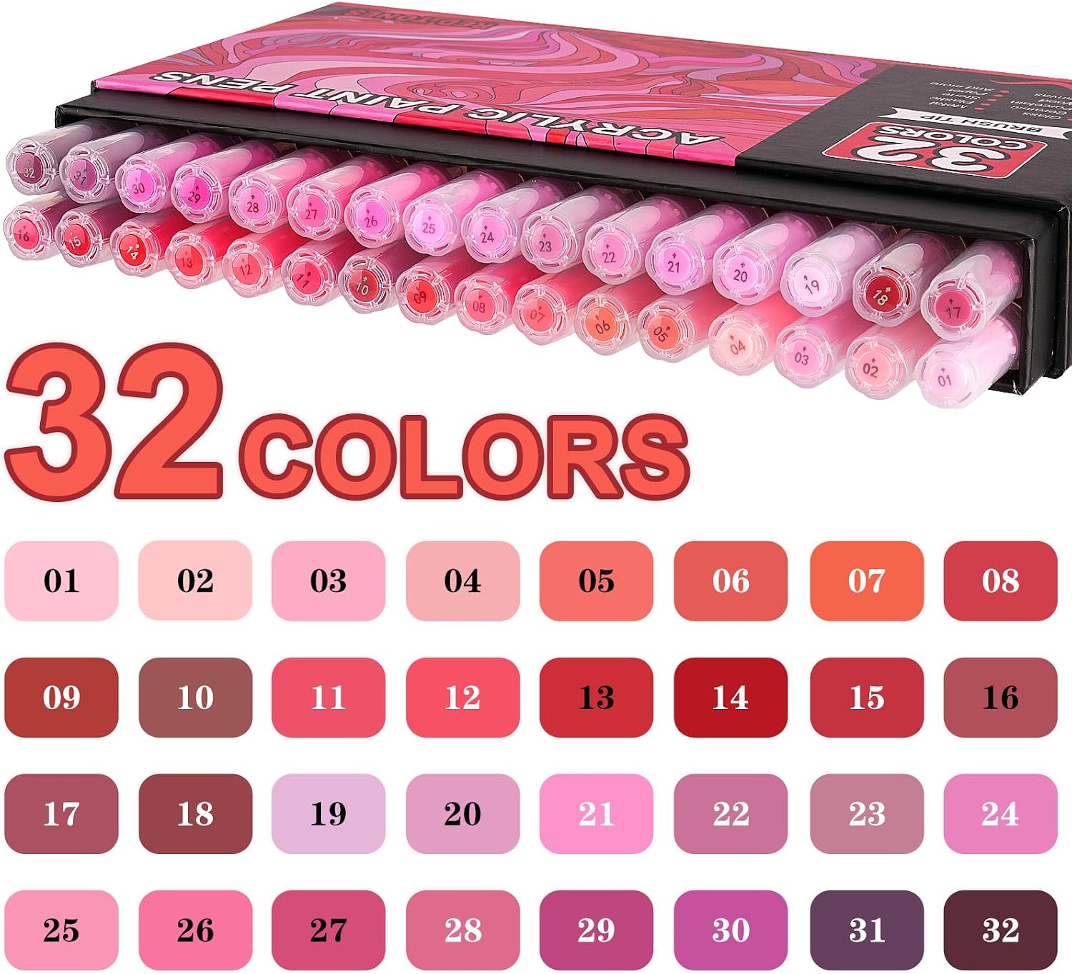 Detalle de NICETY 32-Colour Acrylic Paint Pens with 1–5mm Brush Tips (Red)