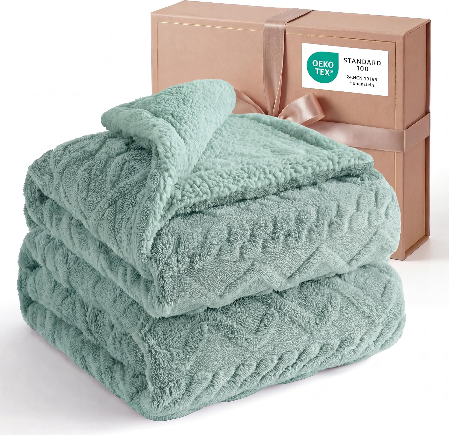 Detalle de Bedsure Sherpa Fleece Blanket, Queen 90x90 Inches, Sage Green Cable Jacquard