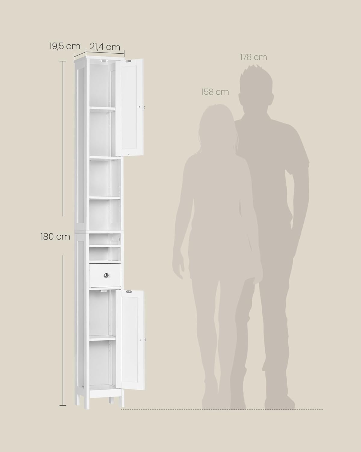 Detalle de VASAGLE Armadio da Bagno Alto BBC765W01, Bianco Nuvola – Compatto, con Ripiani Regolabili e Antiribaltamento