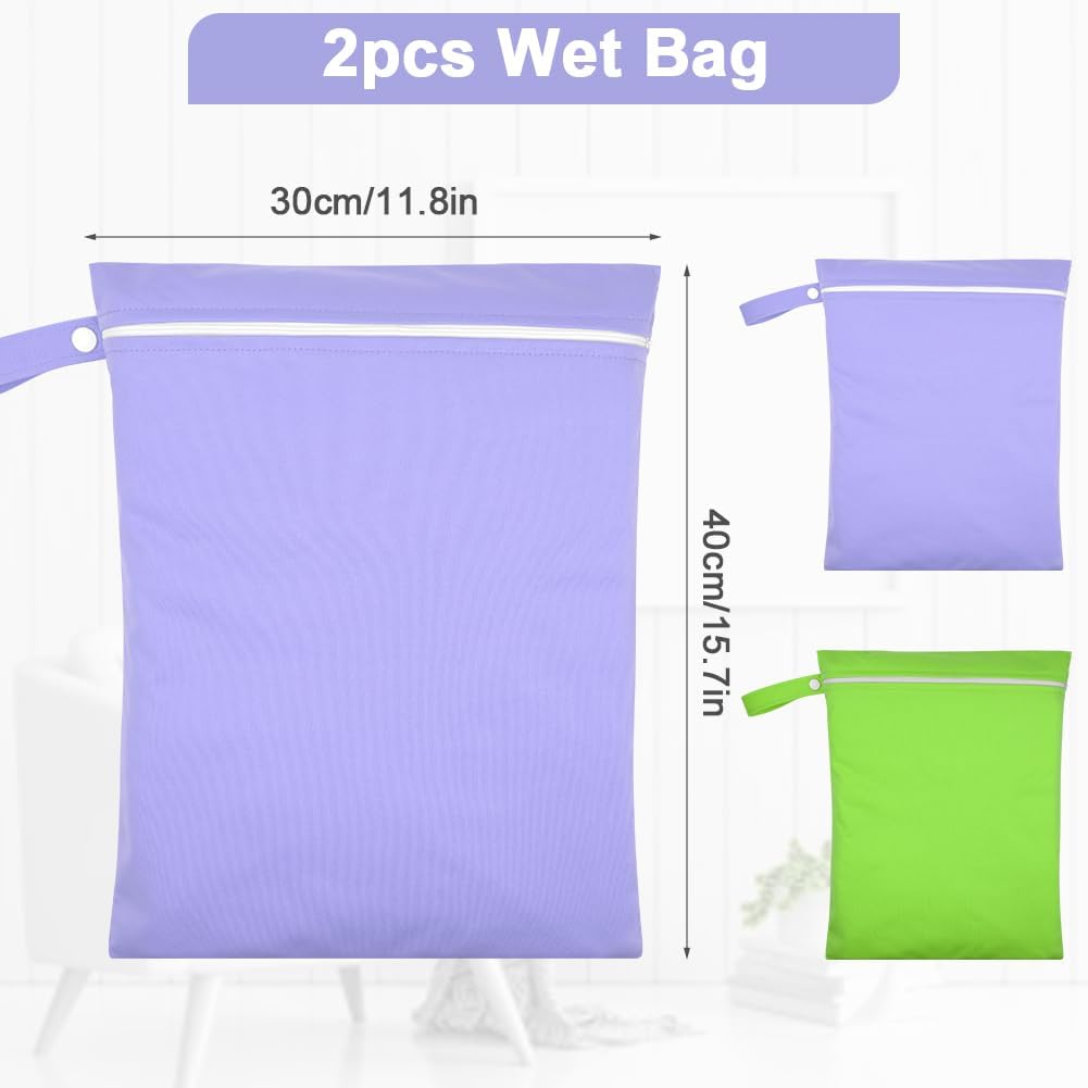 Thumbnail 1 de AOOSA 2PCS Wet Bags: Reusable Cloth Diaper Bags with Handle and Zipper (Green & Purple)