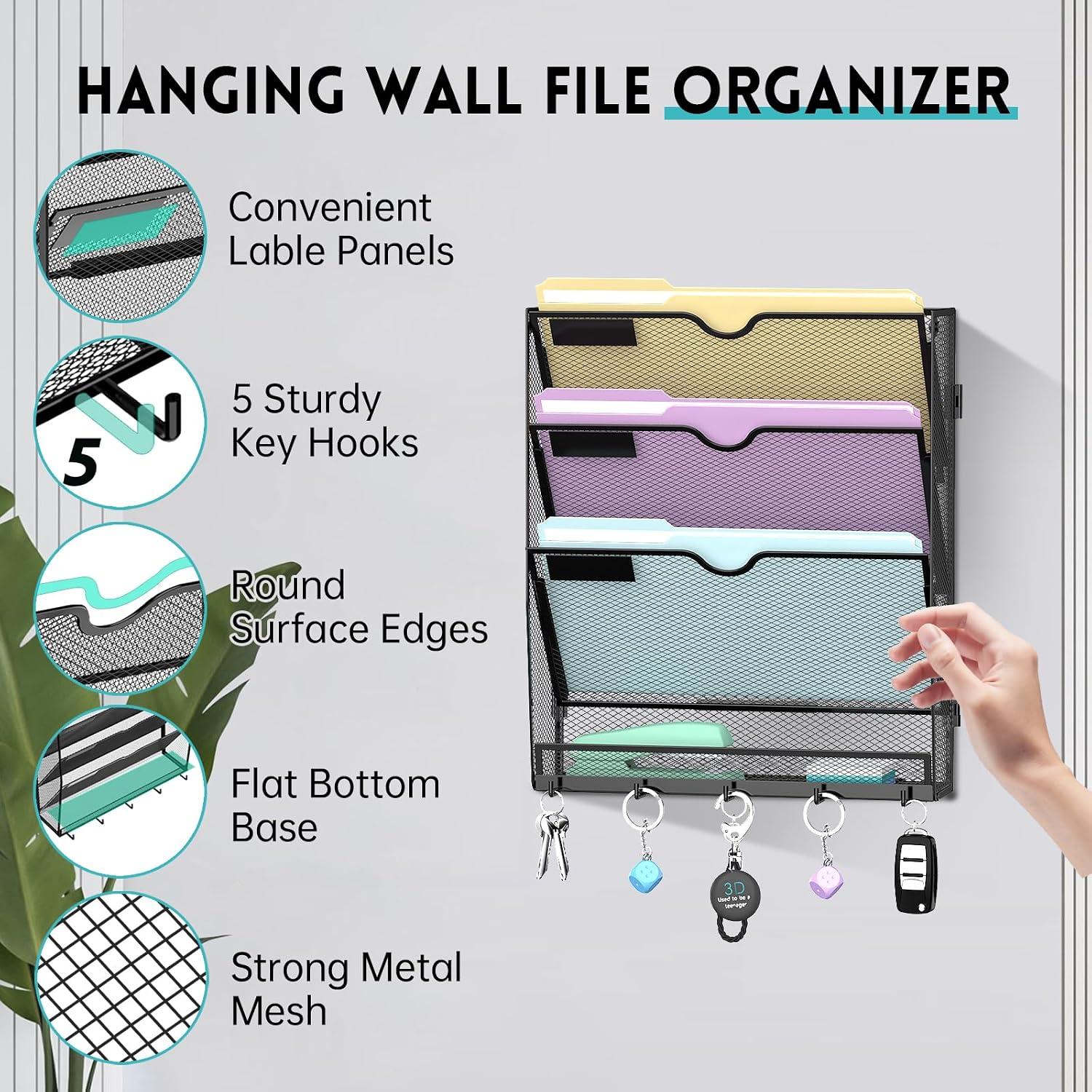 Detalle de ReePlan R4CGQ000023 4-Tier Wall File Organizer with 5 Hooks, Black Metal Mesh