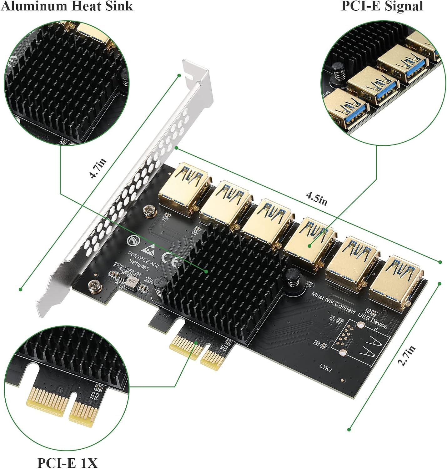 Detalle de MZHOU PCI-E 1X bis 6 USB-Riser-Karte – Stabiler USB 3.0-Adapter für PCIe Slots