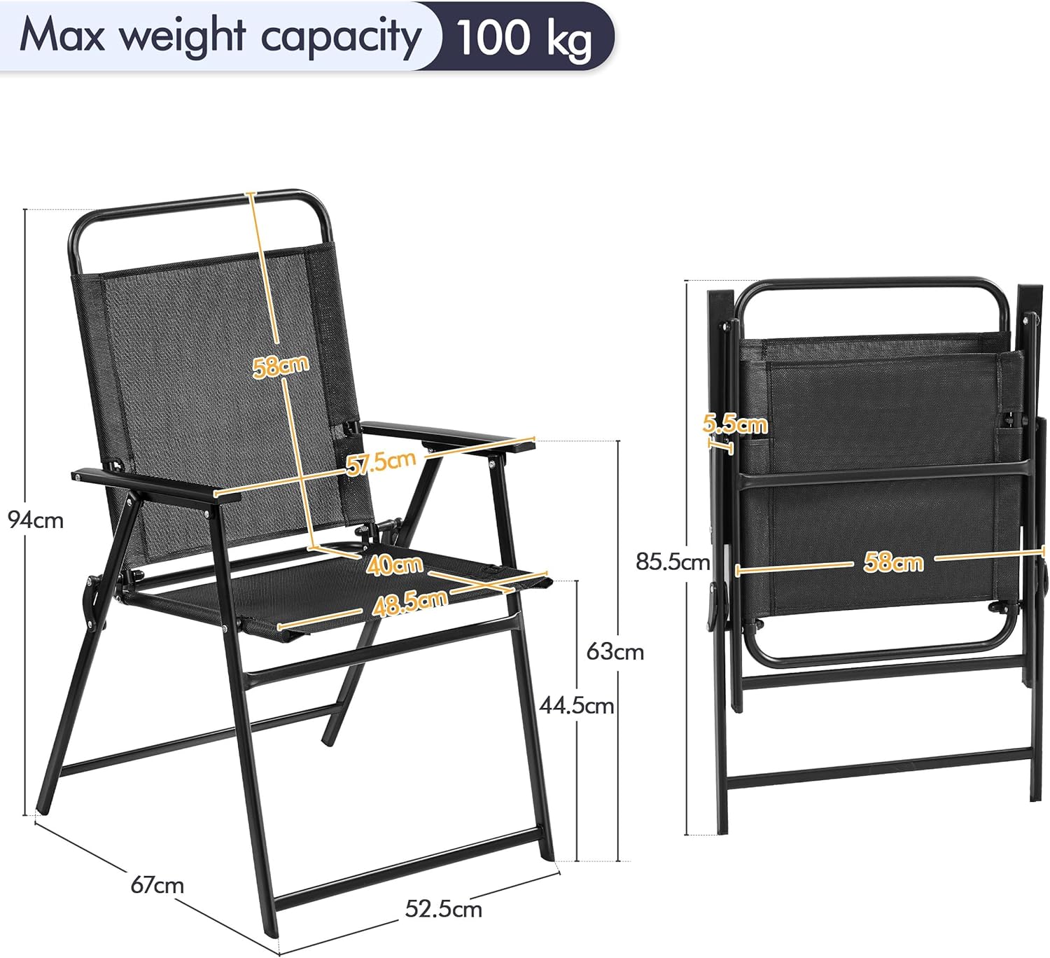 Thumbnail 2 de Yaheetech set di 2 sedie da giardino pieghevoli con braccioli, telaio in metallo e tessuto traspirante (portata 100 kg) – Nero