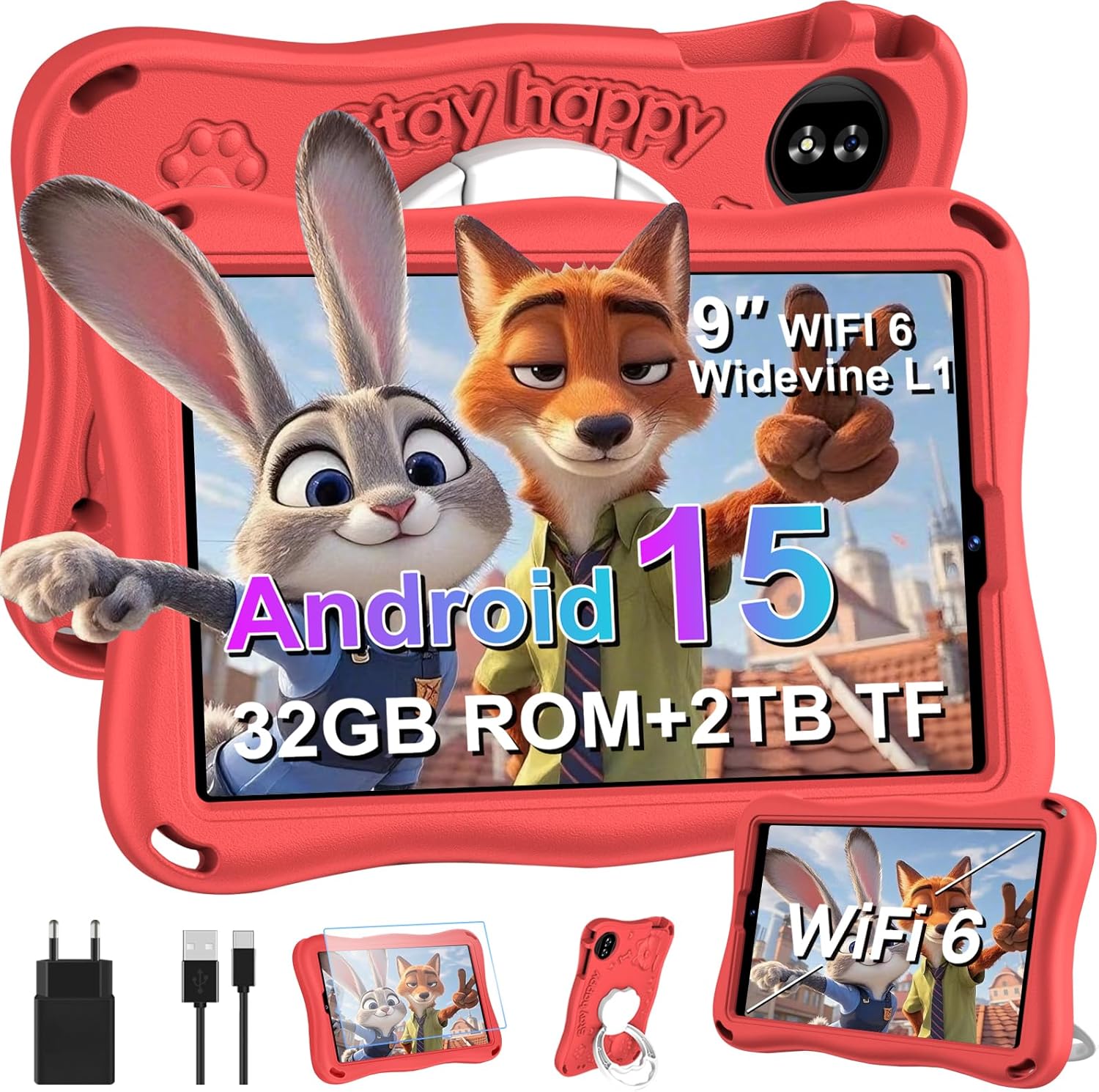 Detalle de SUAAT Kinder Tablet 9 Zoll – Android 15, Octa-Core, 12/30GB Speicher, TF bis 2TB, 5G WLAN, Face ID, Kindersicherung, EVA Case Rot