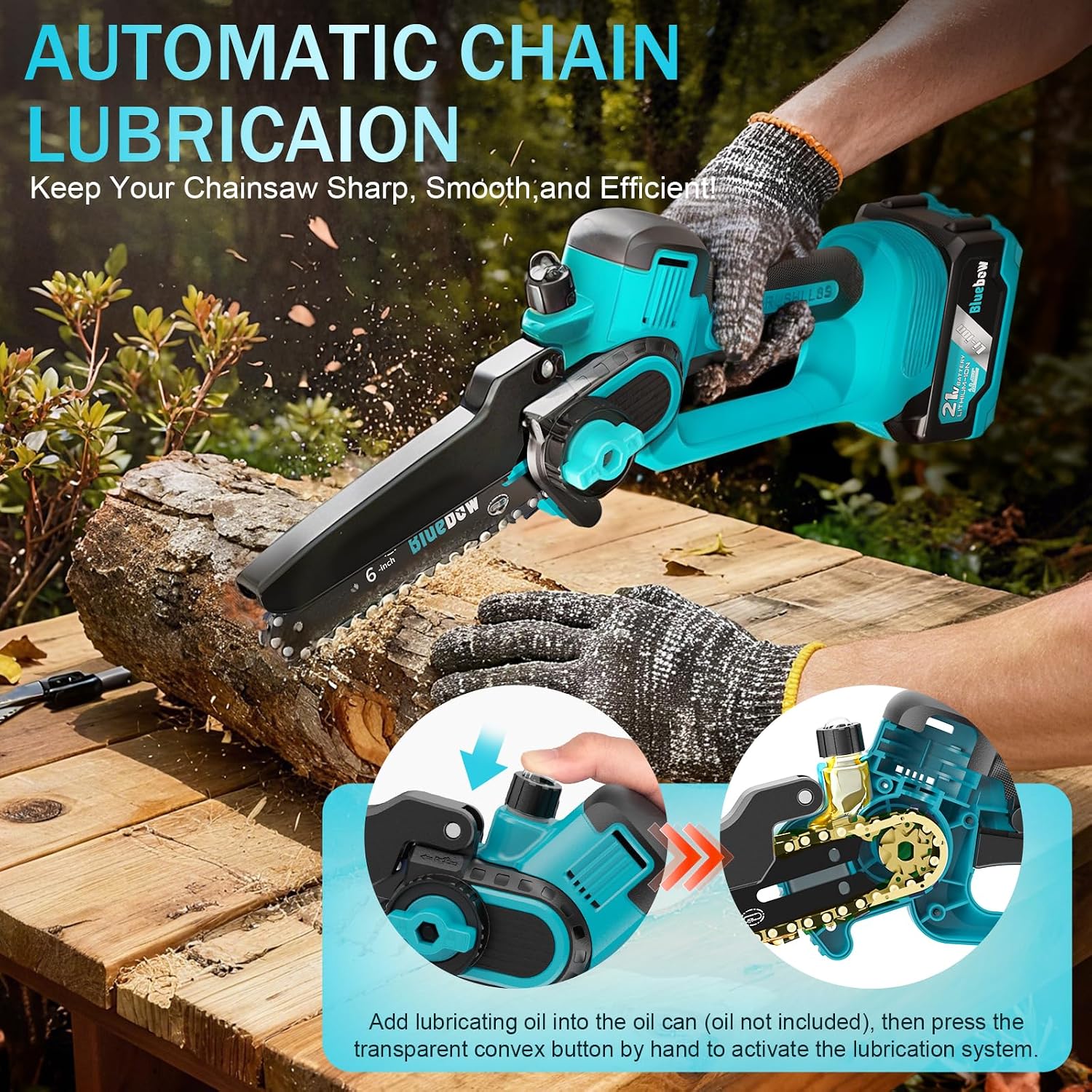 Detalle 2 de Brushless Mini Chainsaw Cordless 6 Inch with 2×4000mAh Batteries