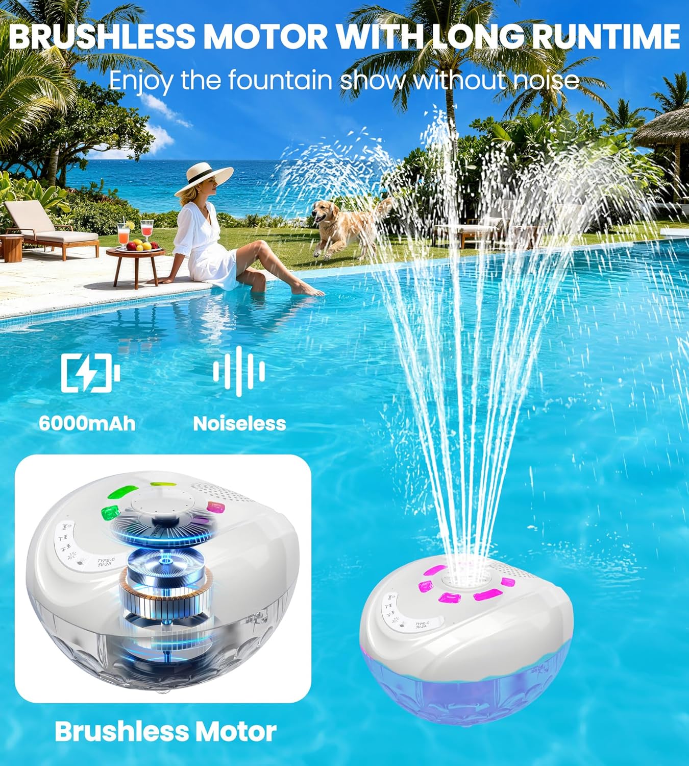 Detalle de Luxfero 3-in-1 Pool-Lautsprecher mit Springbrunnen, Licht und Bluetooth – IP68 Schwimmbox