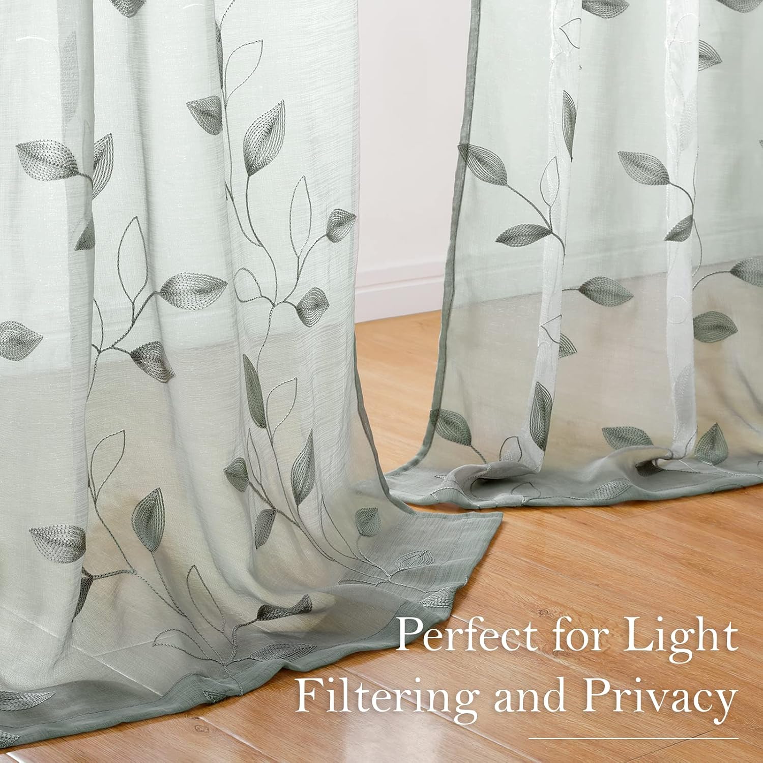 Thumbnail 6 de HOMEIDEAS 2 Sheer Curtains, Sage Green Embroidered Leaves, 52 x 84 Inches