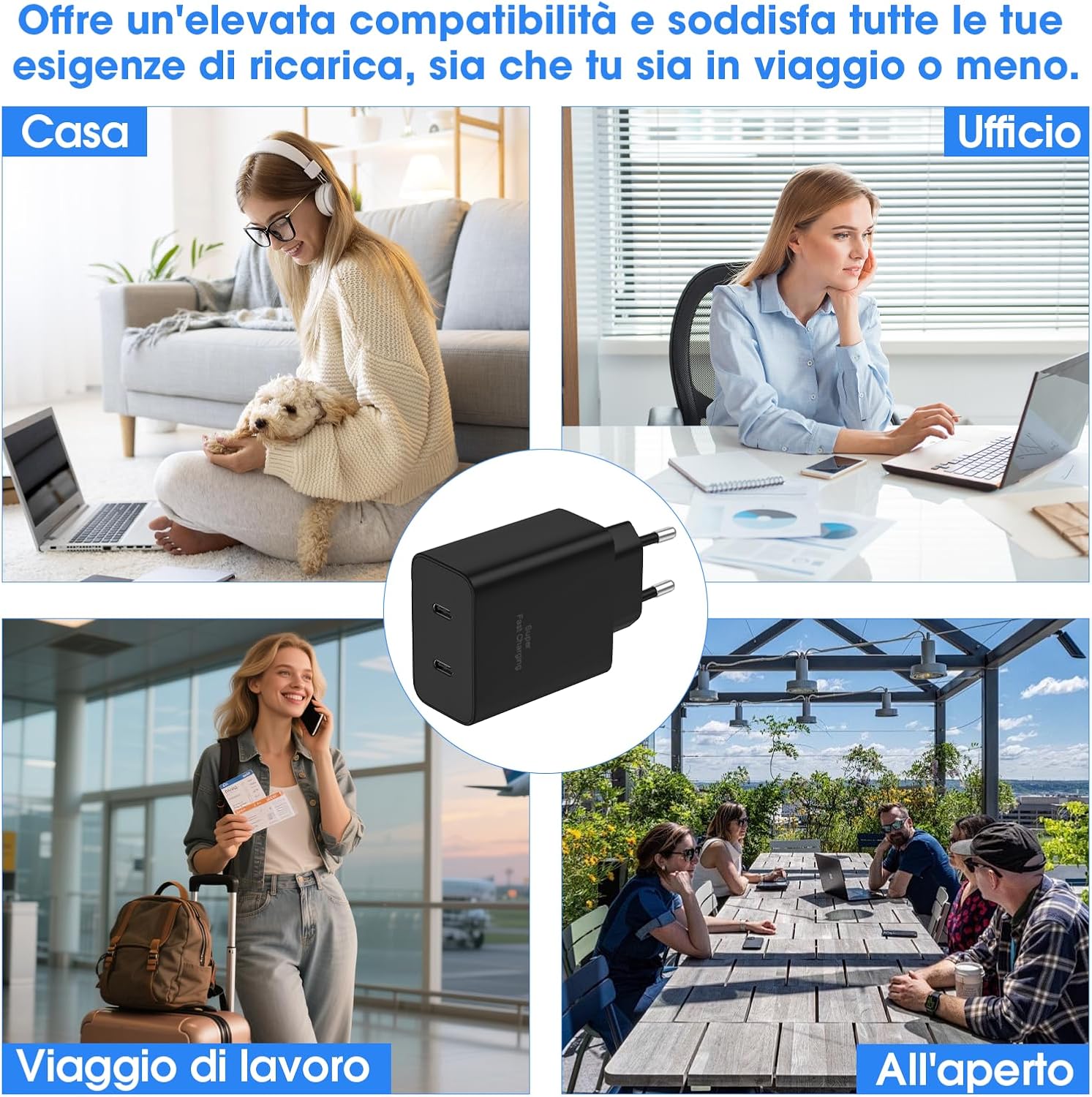 Detalle de Caricatore USB-C 45W a 2 porte (2 cavi da 2 m) – 2 Pack per Samsung e iPhone