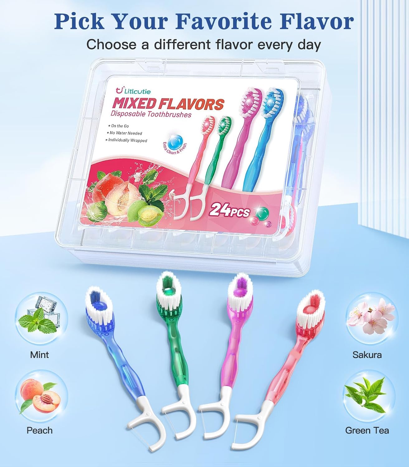 Thumbnail 2 de Litlcutie 24 Pack 5-in-1 Disposable Toothbrushes with Toothpaste, Floss, Pick & Tongue Scraper