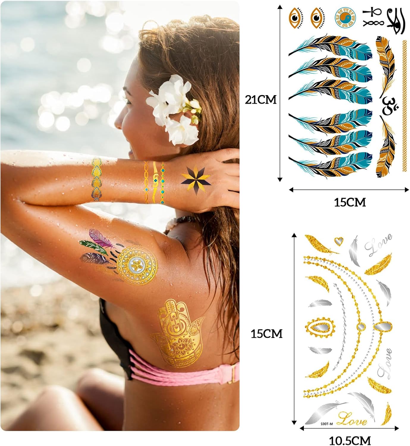 Thumbnail 1 de URAQT Tatouages temporaires mariage : 14 planches de tatouages éphémères métalliques