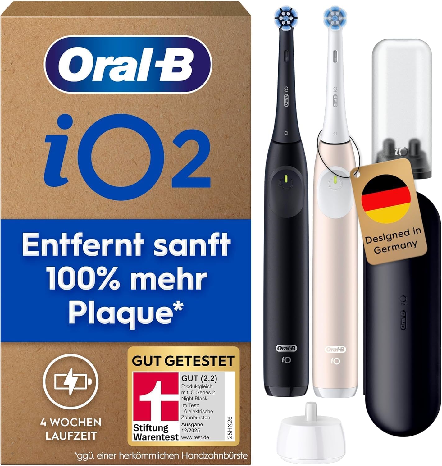 Detalle de Oral-B iO Series 2 Elektrische Zahnbürste – Doppelpack (Schwarz/Pink) mit 2 Aufsteckbürsten und Reise-Etui