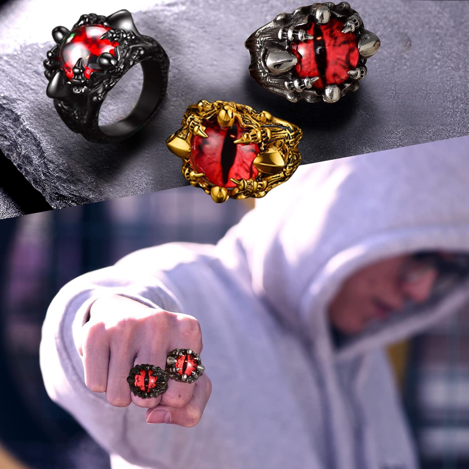 Thumbnail 5 de Bague homme gothique PROSTEEL Chevalière Œil du Diable rouge en acier inoxydable 316L