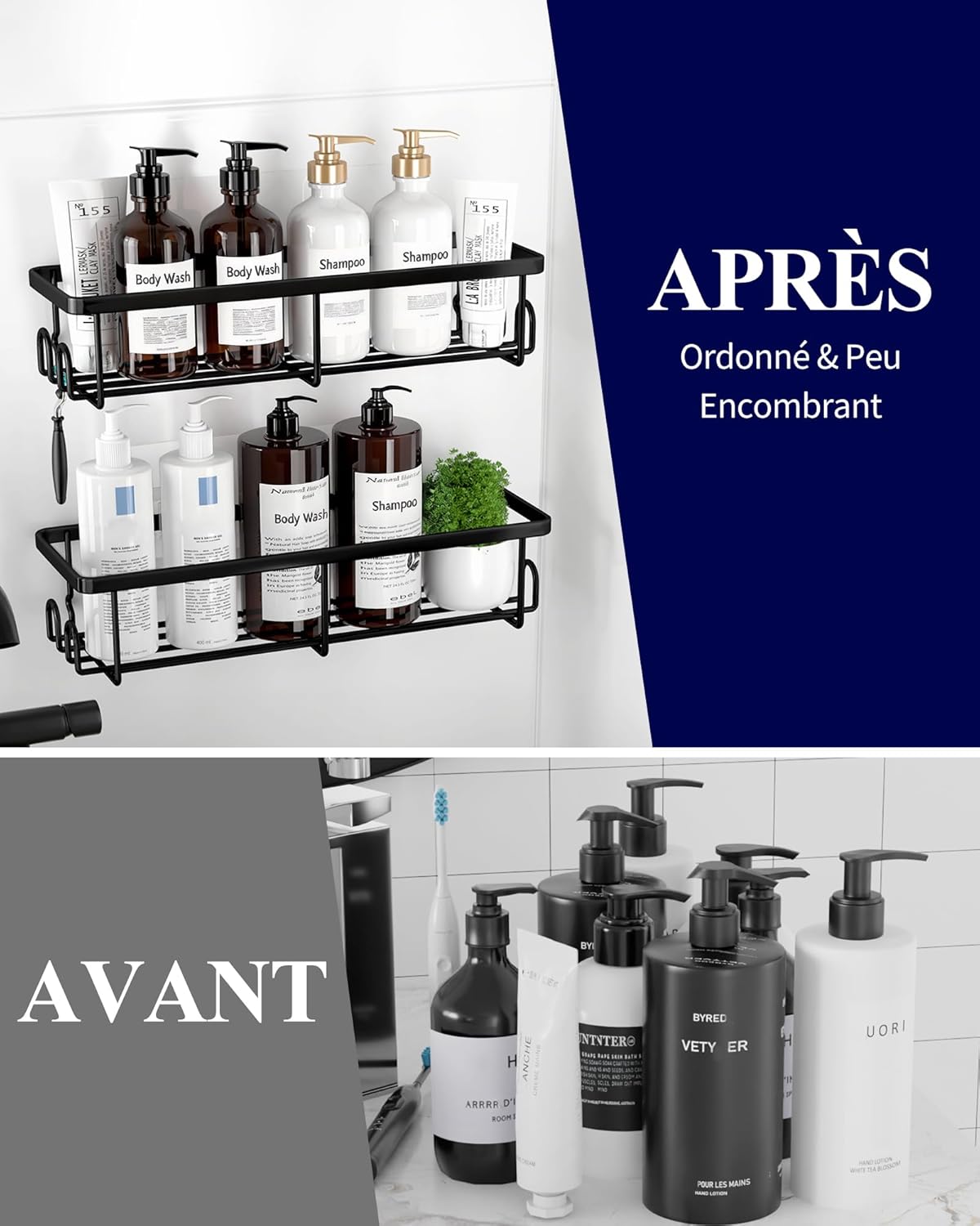 Detalle 2 de Kitsure Étagère de Douche Sans Perçage – Lot de 2, Rangement Murale en Acier Inoxydable avec Crochets (Noir)