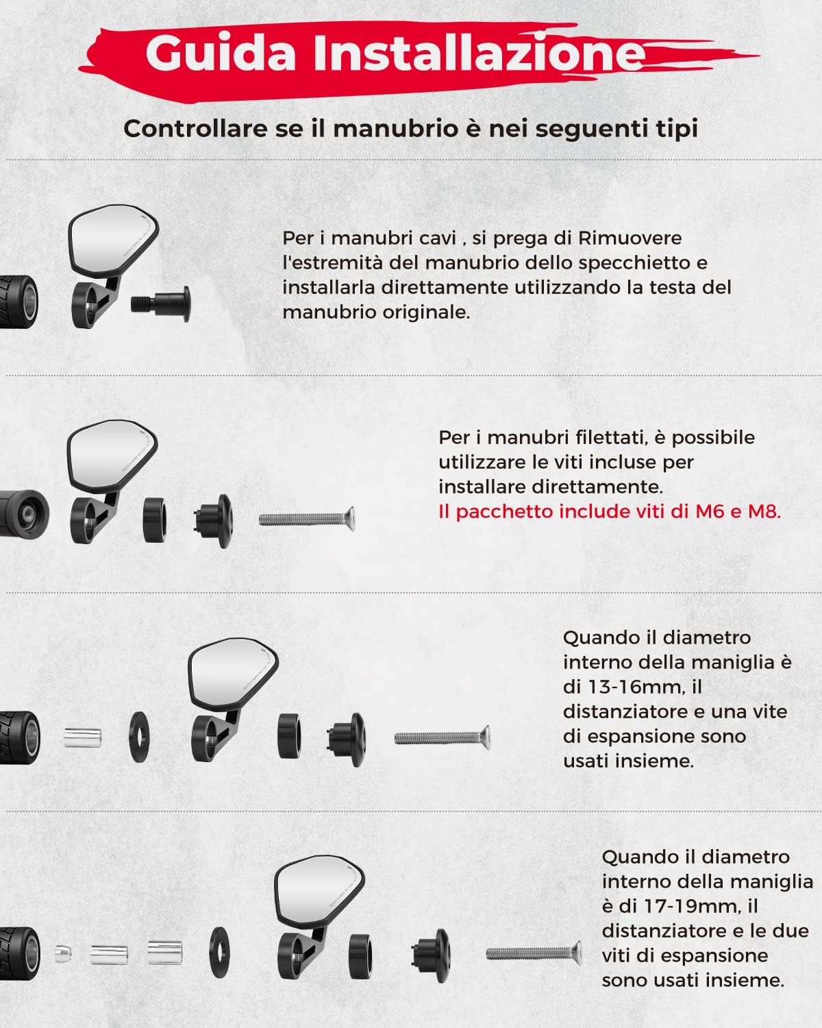 Detalle de KEMIMOTO Specchietti Moto Universali, 7/8" 22mm – Specchio retrovisore per manubrio omologato E9