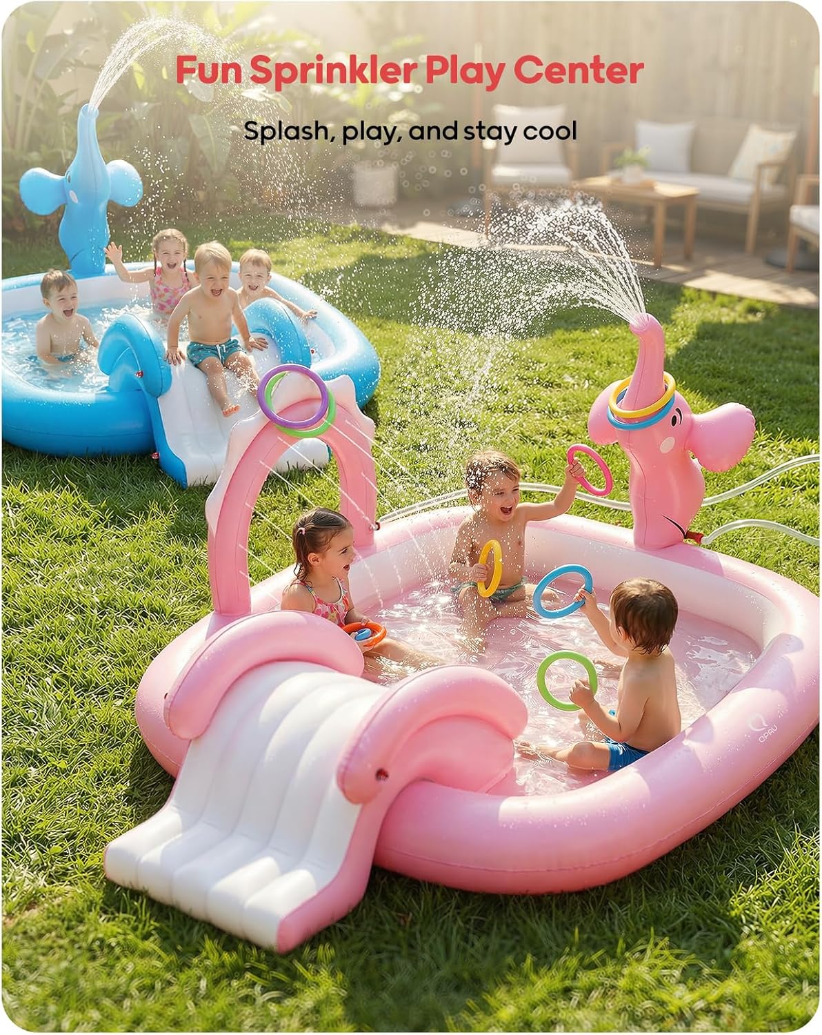 Detalle 2 de QPAU Elephant Kids Pool with Slide and Sprinkler: 72 x 64 x 37 in Inflatable Play Center