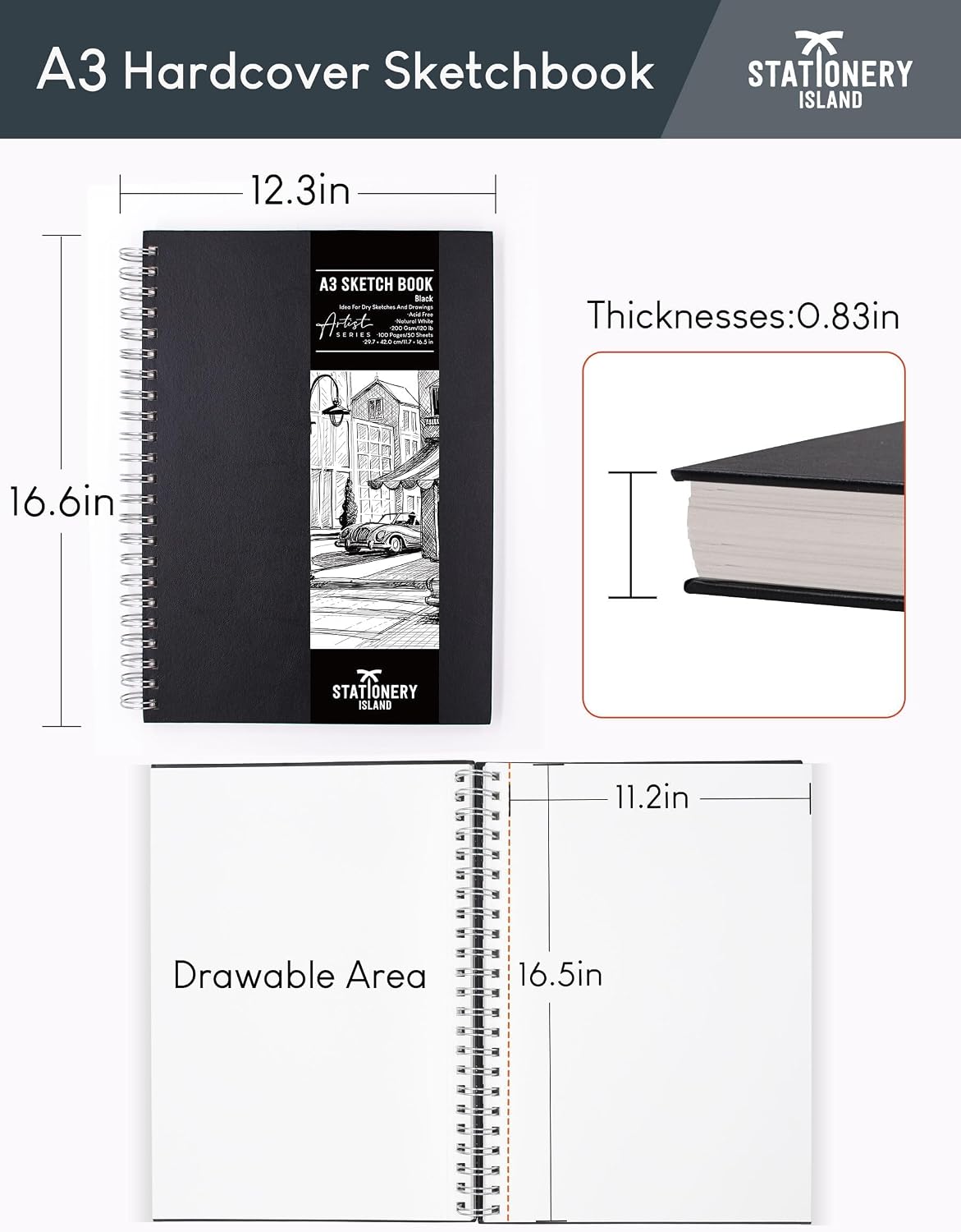 Thumbnail 5 de STATIONERY ISLAND A3 Hardcover Sketch Pad (200GSM thick paper), spiral bound, portrait – 50 sheets / 100 pages