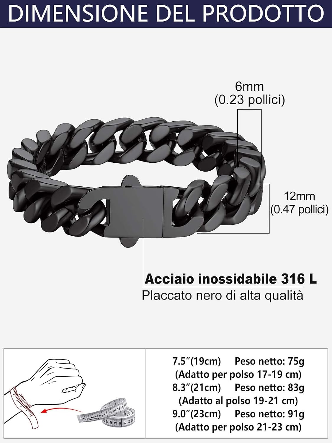 Detalle de Bandmax Bracelet Homme Acier Inoxydable – Bracelet Cubain 5/7/9/12 mm, Long 19–23 cm, Argent/Noir/Or