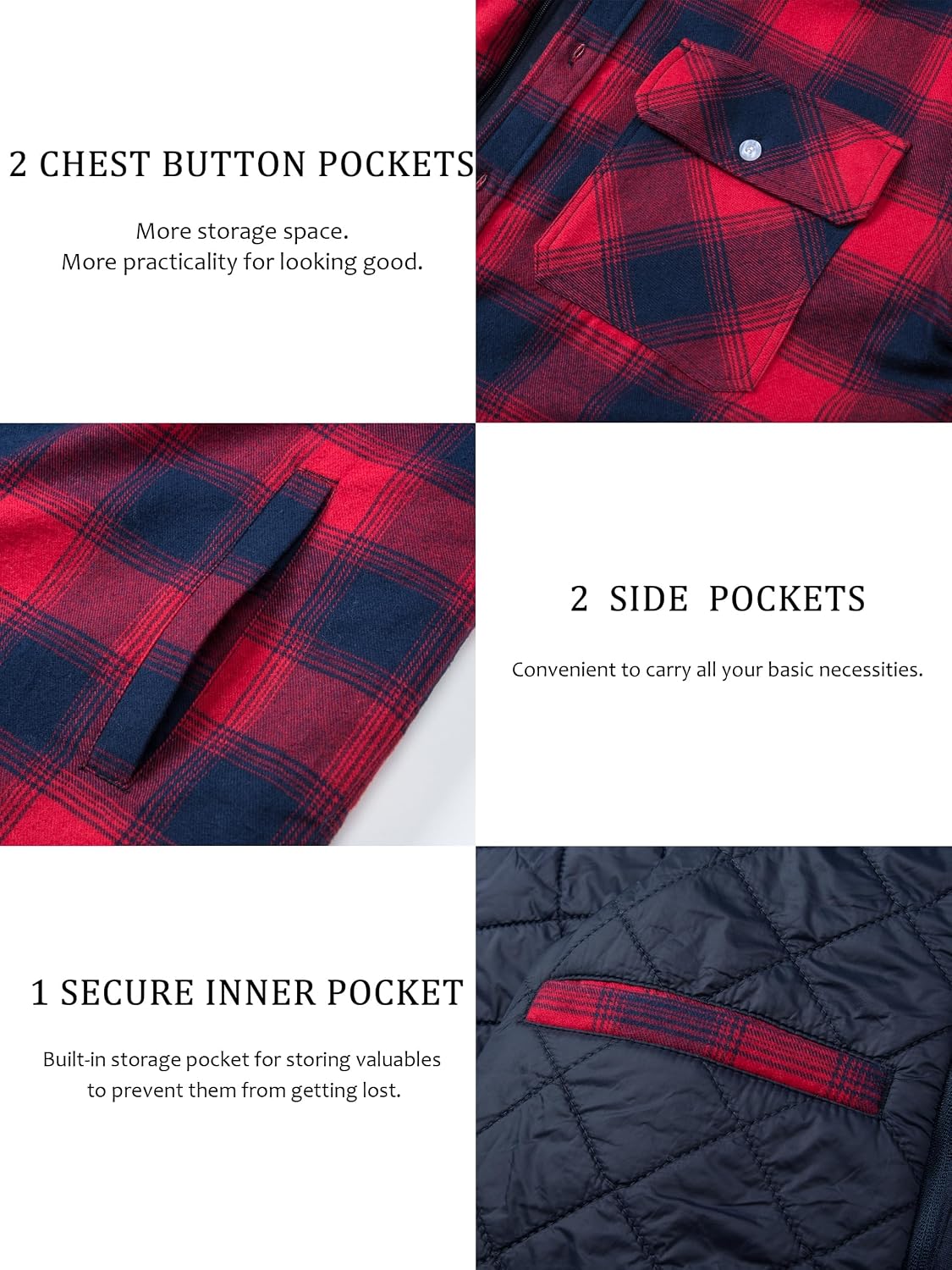 Detalle 1 de TACVASEN Men's Quilted Flannel Shacket with Removable Hood, Plaid