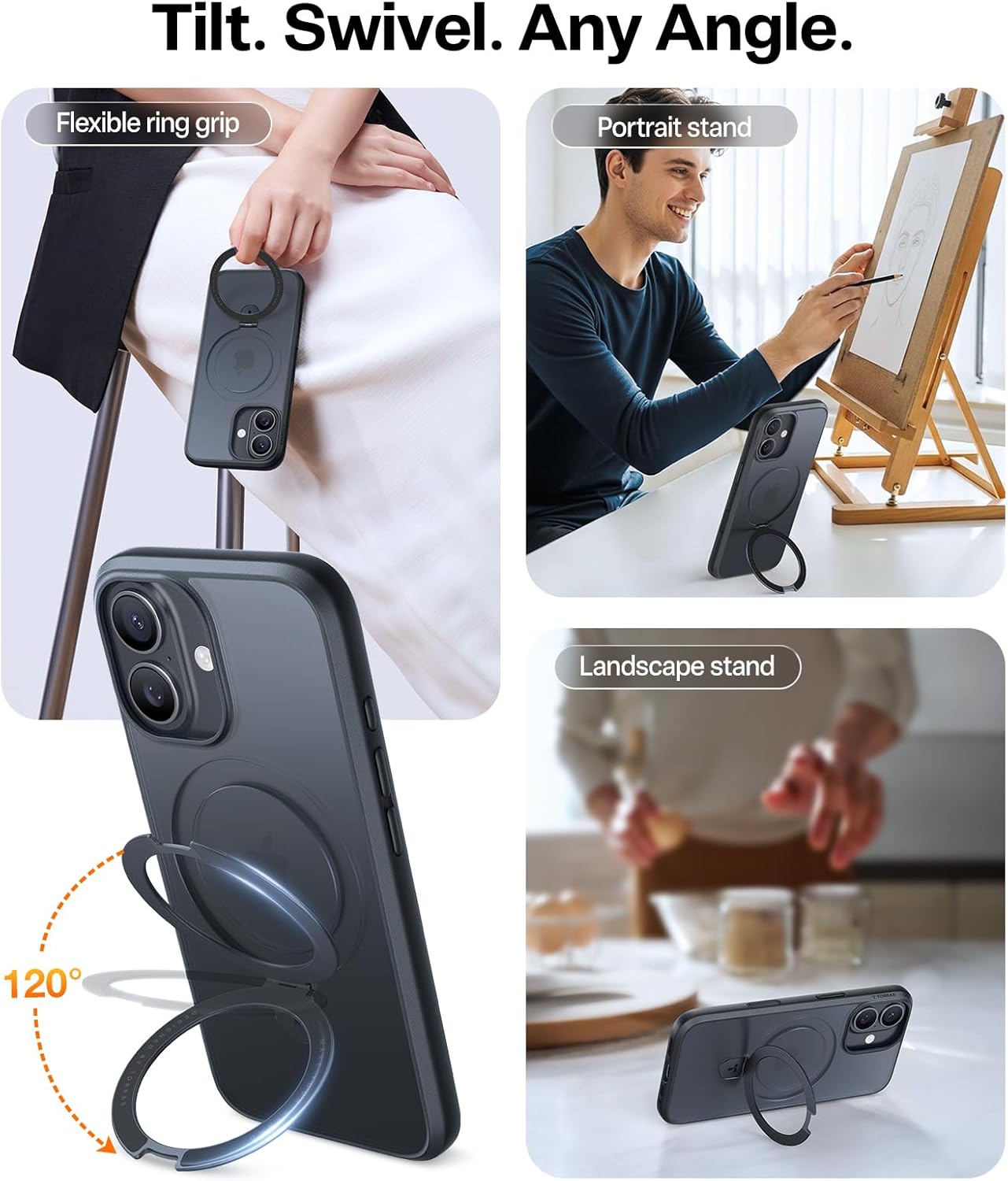 Detalle de TORRAS Ostand Magnetic for iPhone 17 Case with Kickstand — MagSafe Compatible, 4X Military Drop Protection, Translucent Matte Black (6.3")