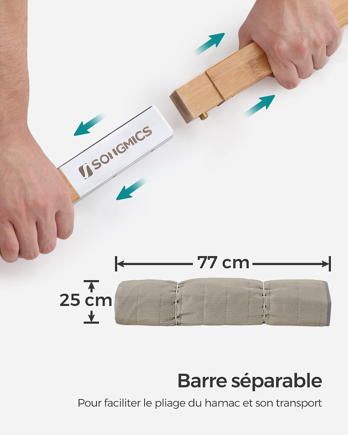 Detalle de Hamac double SONGMICS GDC34CG matelassé 200 x 140 cm, barres incurvées démontables en bambou