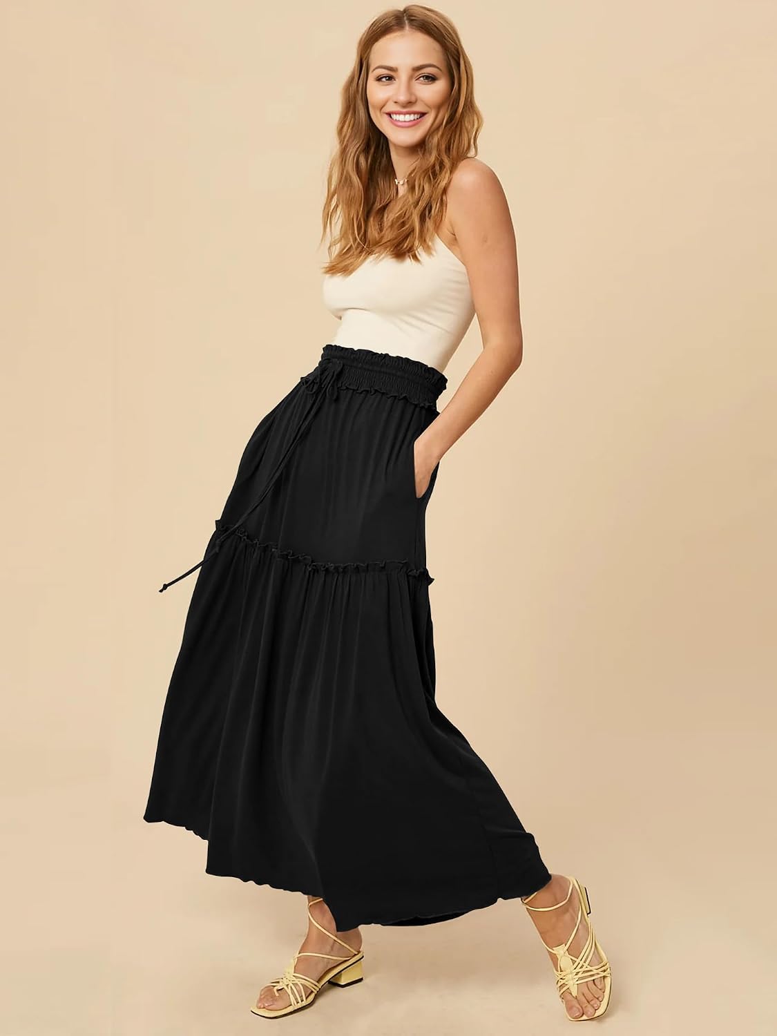 Detalle de MAYFASEY Women's Maxi Skirt with Elastic Waist and Pockets – Casual Boho A-Line Midi/Summer Skirt