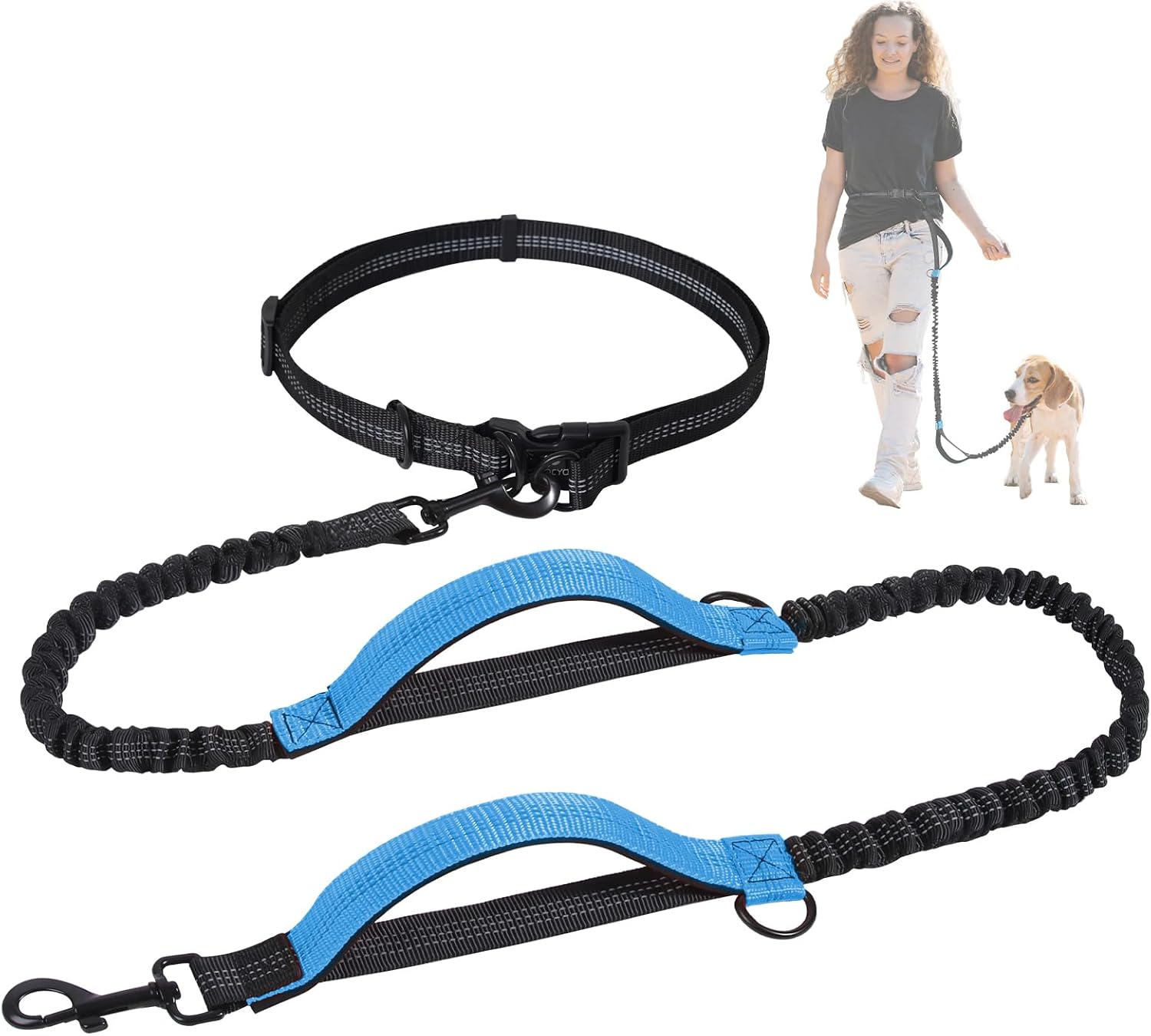 Detalle de Snocyo Jogging-Hundeleine – elastische 2-in-1 Leine mit Gürtel & Doppelgriff (bis 50 kg)
