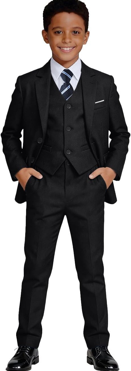 Detalle de Visaccy Boys Formal Slim Fit Suit Set (12) – Versatile Black Dress Outfit for Ring Bearer and Special Occasions