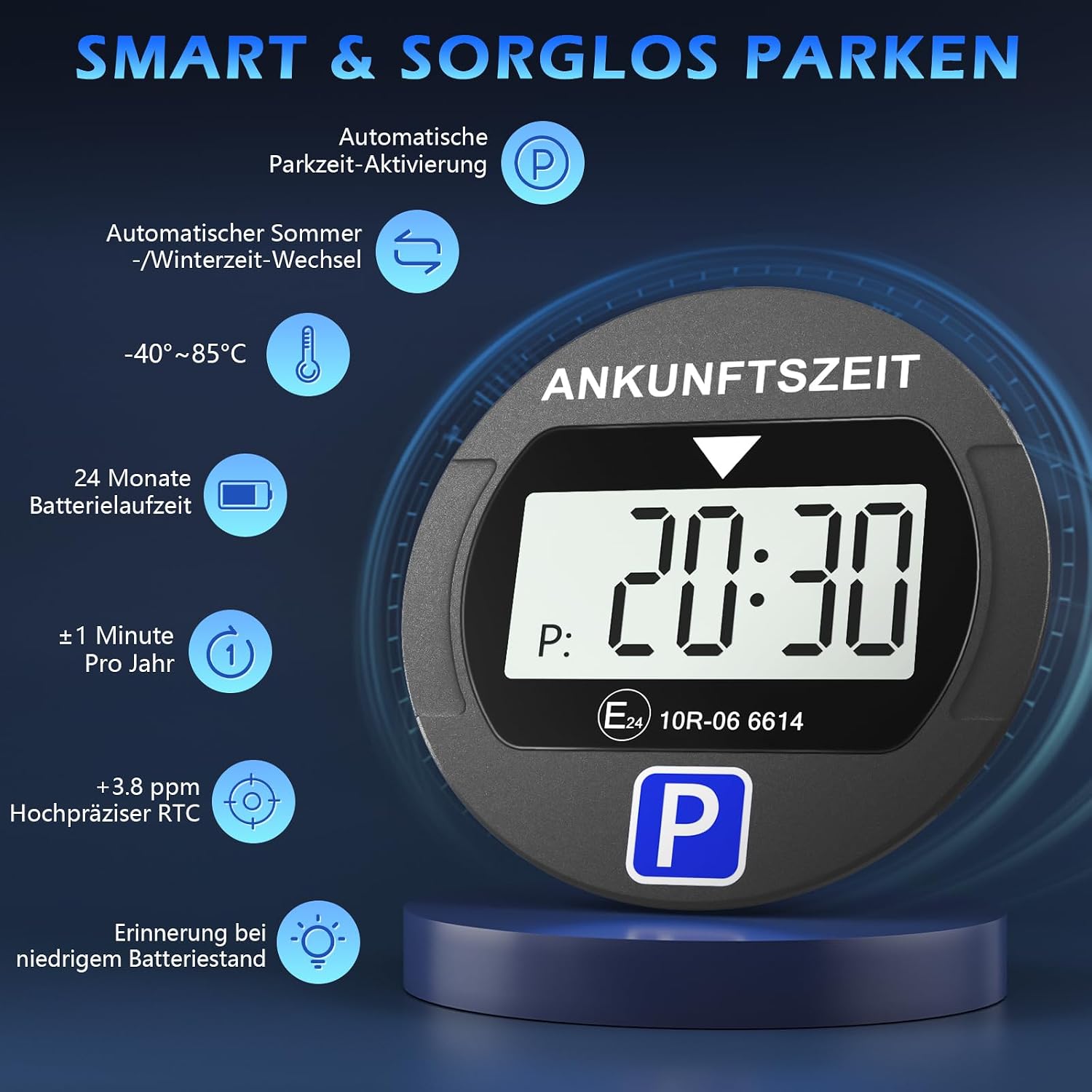 Detalle de Warmfay® elektronische Parkscheibe mit KBA-Zulassung, 2 Displays & Nachtparkmodus