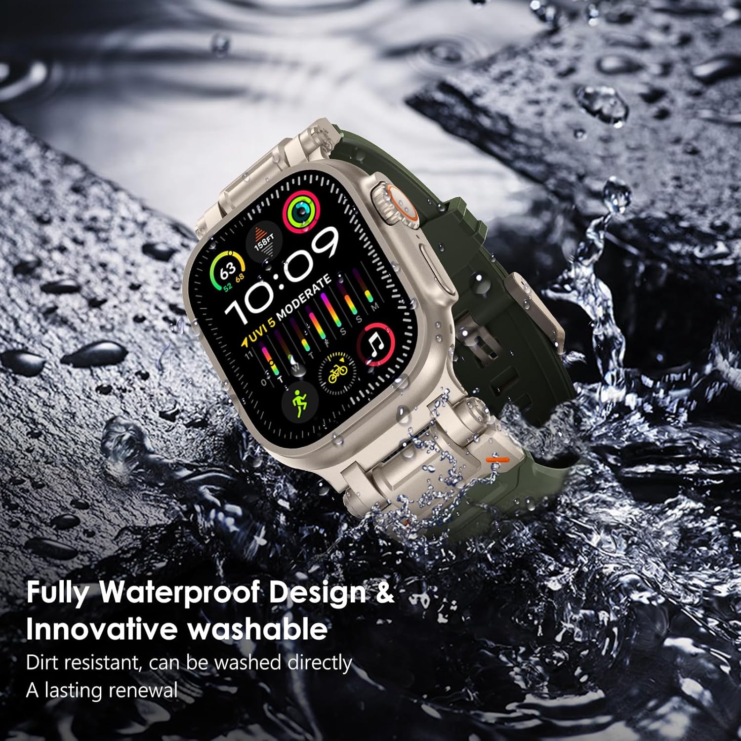 Thumbnail 5 de Fullife Silicone Sport Strap with Stainless Steel Connector for Apple Watch (42–49mm) – Green/Titanium Connector