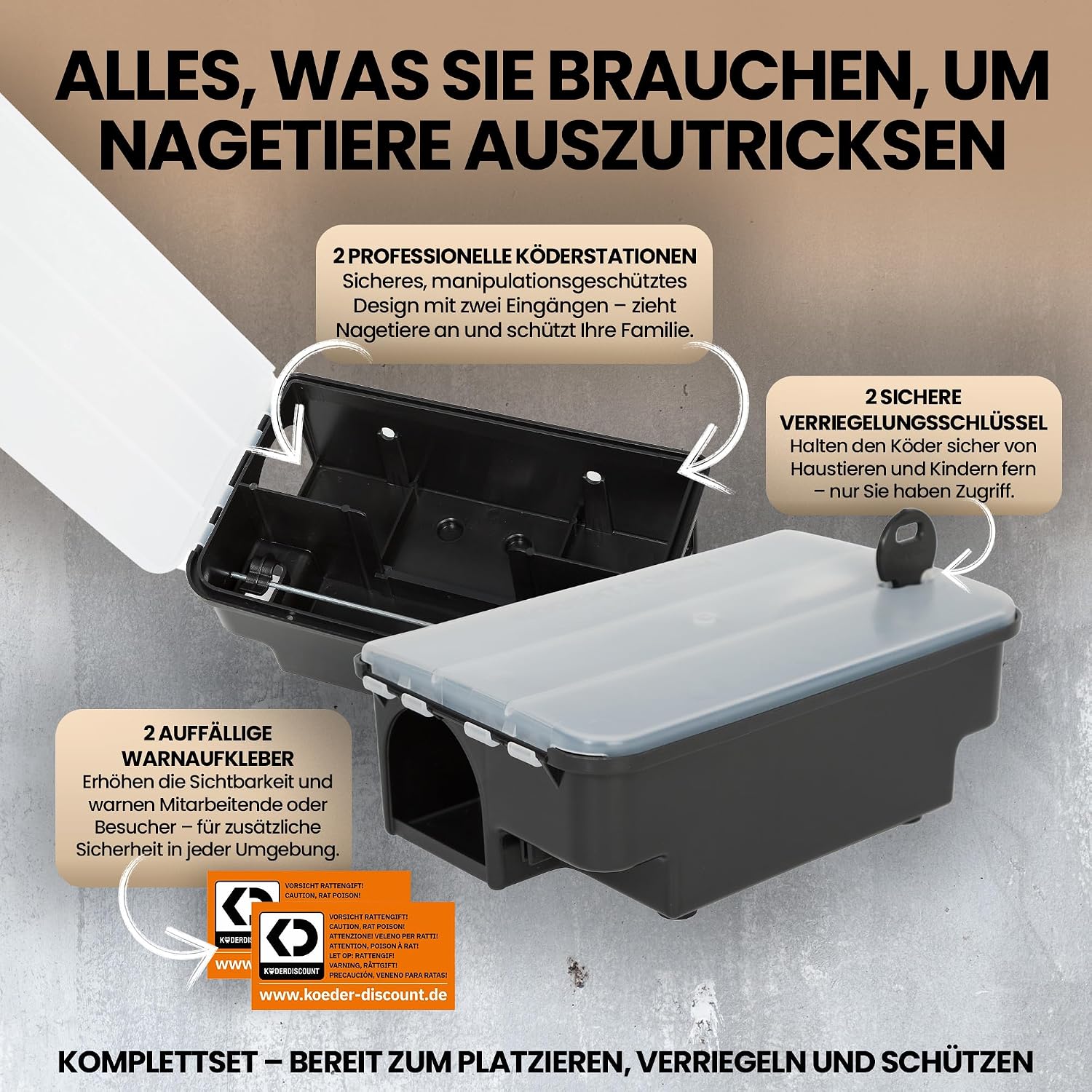 Detalle de Köder-Discount Rattenfalle für Giftköder – 4 abschließbare Köderboxen mit klarem Deckel