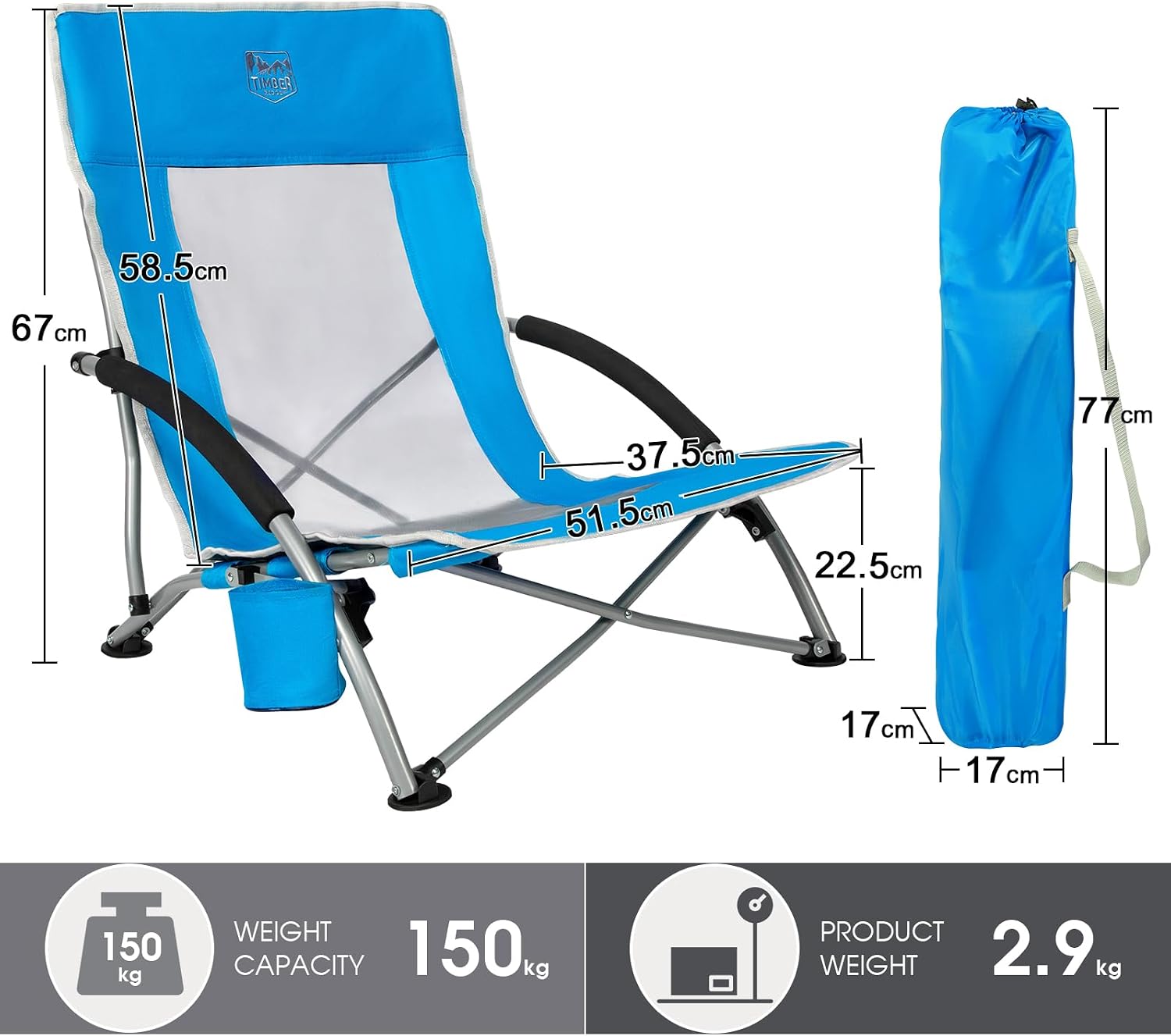 Thumbnail 2 de TIMBER RIDGE Low Beach Chair Set of 2: Folding Lightweight Camping Chairs with Mesh Back and Cup Holder