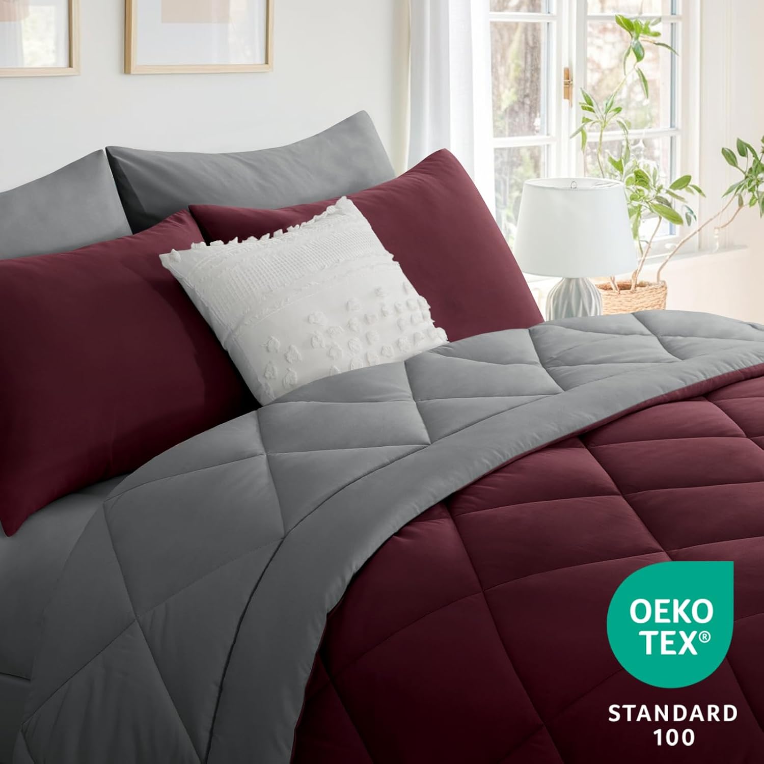 Thumbnail 4 de Aisbo Coverless Duvet King Size 10.5 Tog – 230 x 220 cm in Burgundy Red, Reversible with 2 Pillowcases