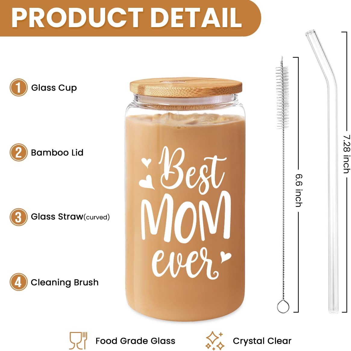 Thumbnail 1 de SANDJEST 16 oz Glass Coffee Cup with Bamboo Lid & Straw – Gifts for Mom from Daughter or Son