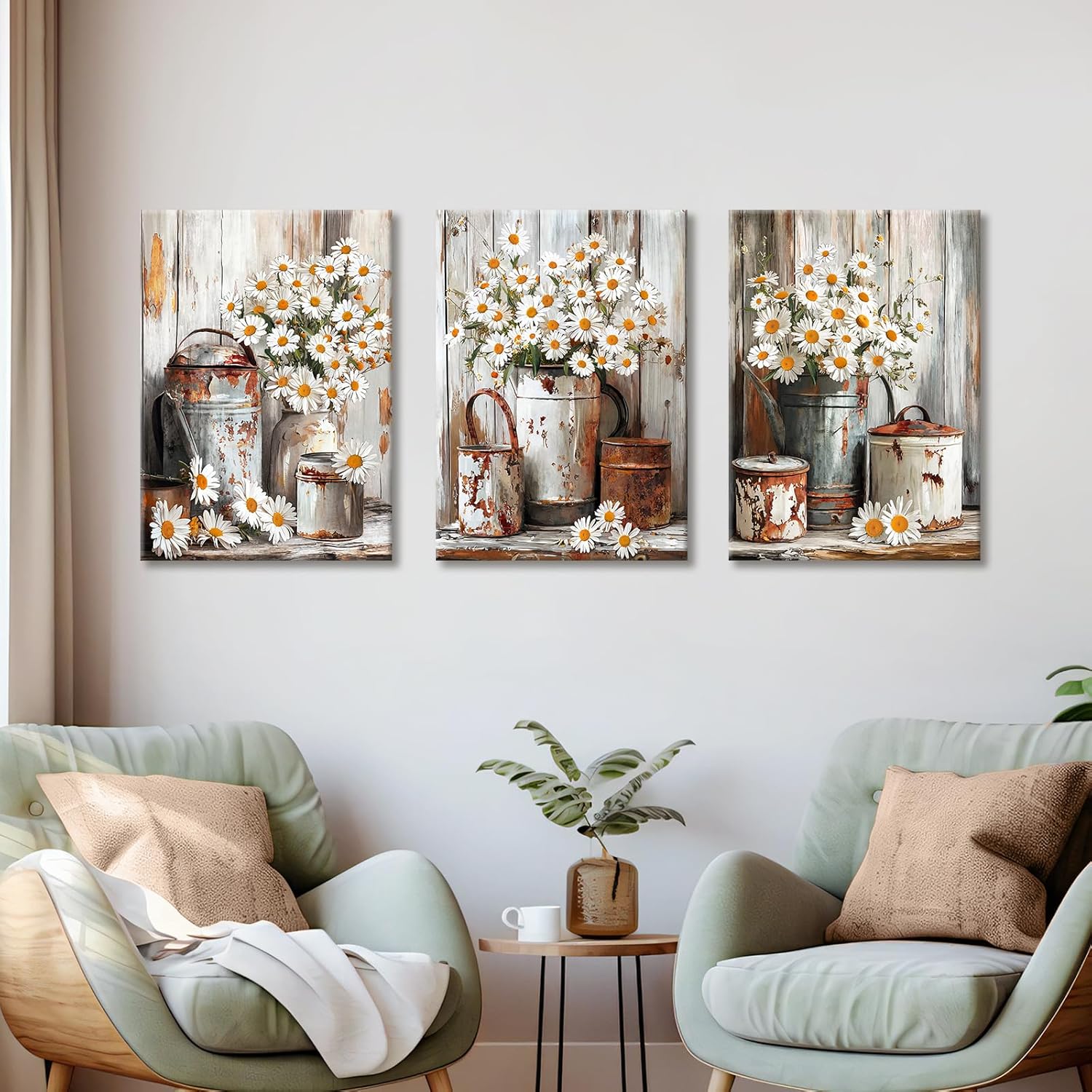 Thumbnail 3 de 3er-Set Leinwandbilder mit Rahmen „Gänseblümchen“ im Vintage-Look, ca. 120x60 cm (40x60 je Bild)