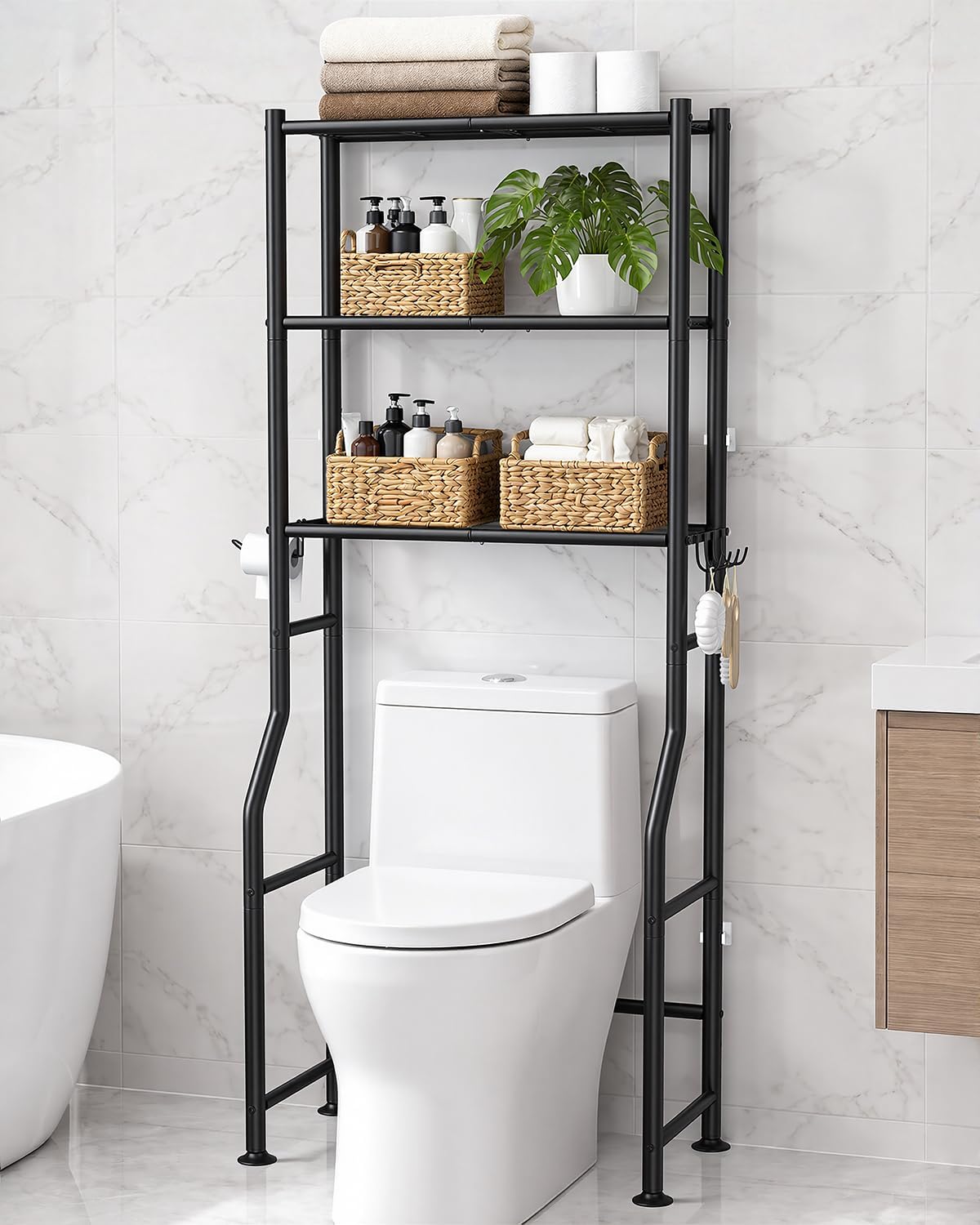 Detalle de GloTika OT3-Black 3-Tier Over-Toilet Storage Shelf, Black Carbon Steel