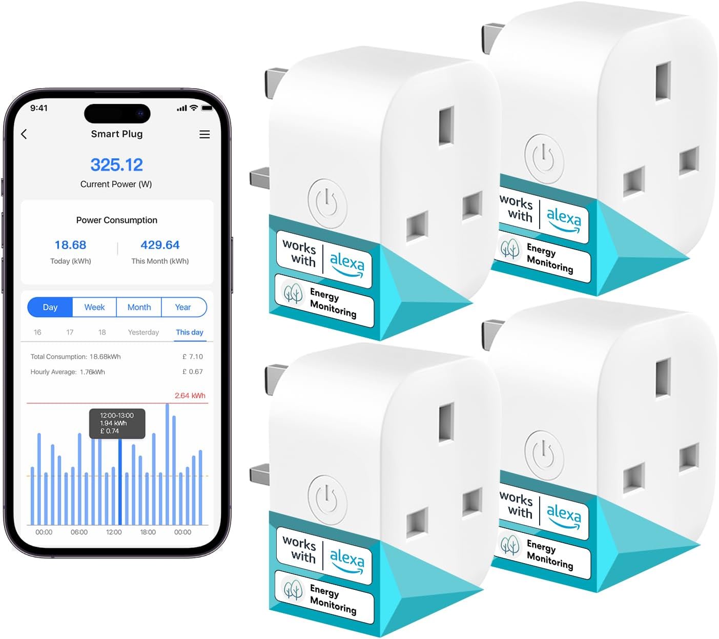 Detalle de Meross Smart Plug with Energy Monitoring 13A 4-Pack