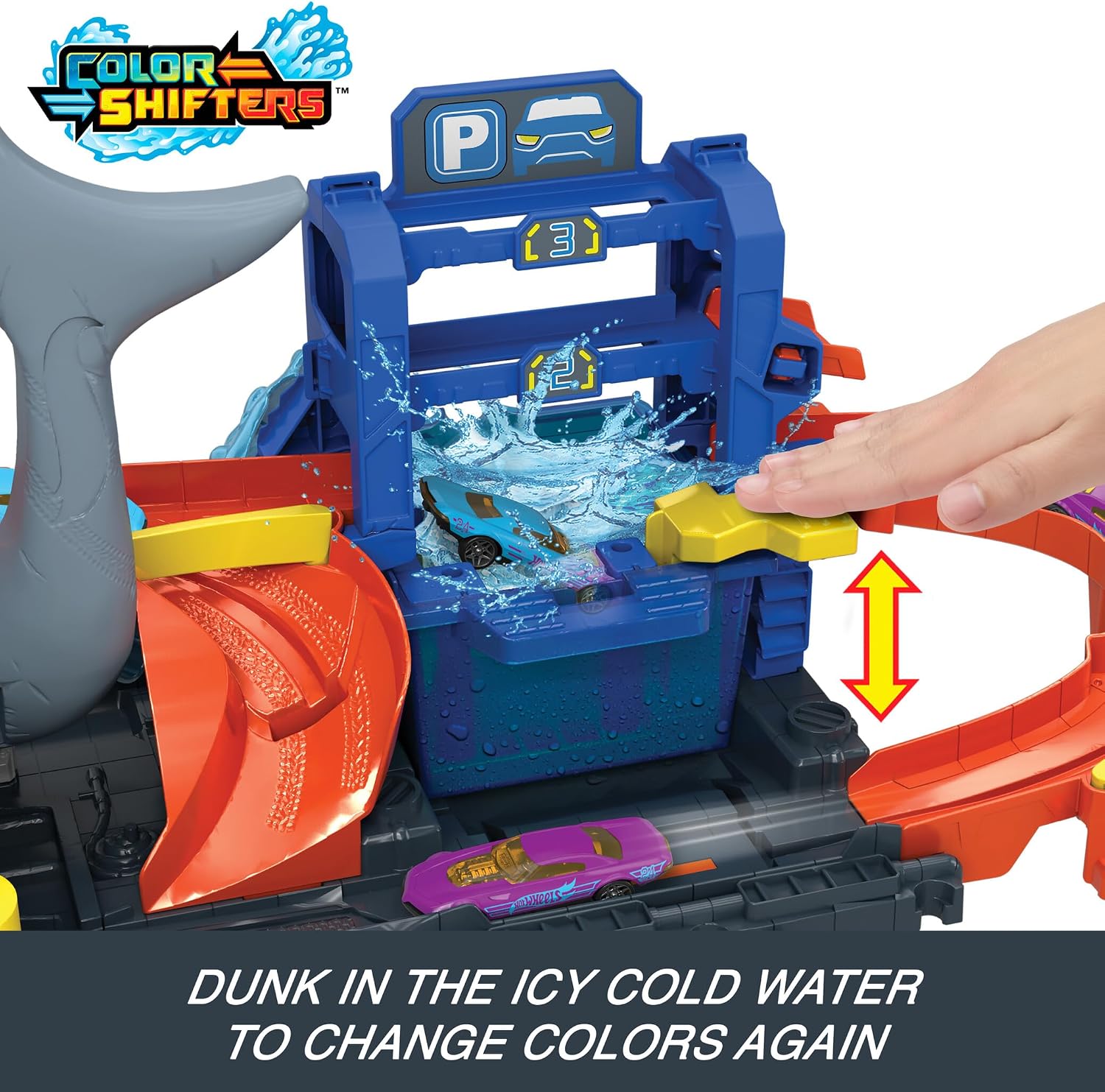 Detalle de Hot Wheels Let's Race Netflix - City Toy Car Track Set: Ultra Shark Car Wash with 1:64 Scale Color Reveal Car (HTN82)