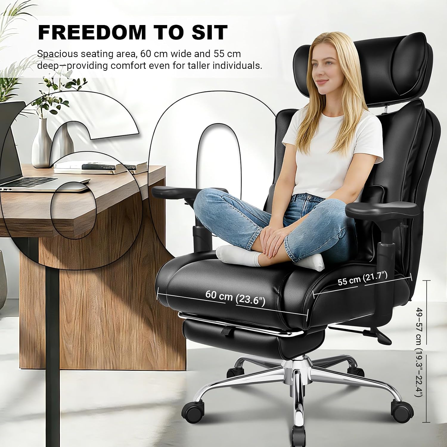 Thumbnail 6 de BASETBL Office Chair Heavy Duty: 440lbs/200kg XXL Leather Executive with Headrest, Footrest and 3D Armrests