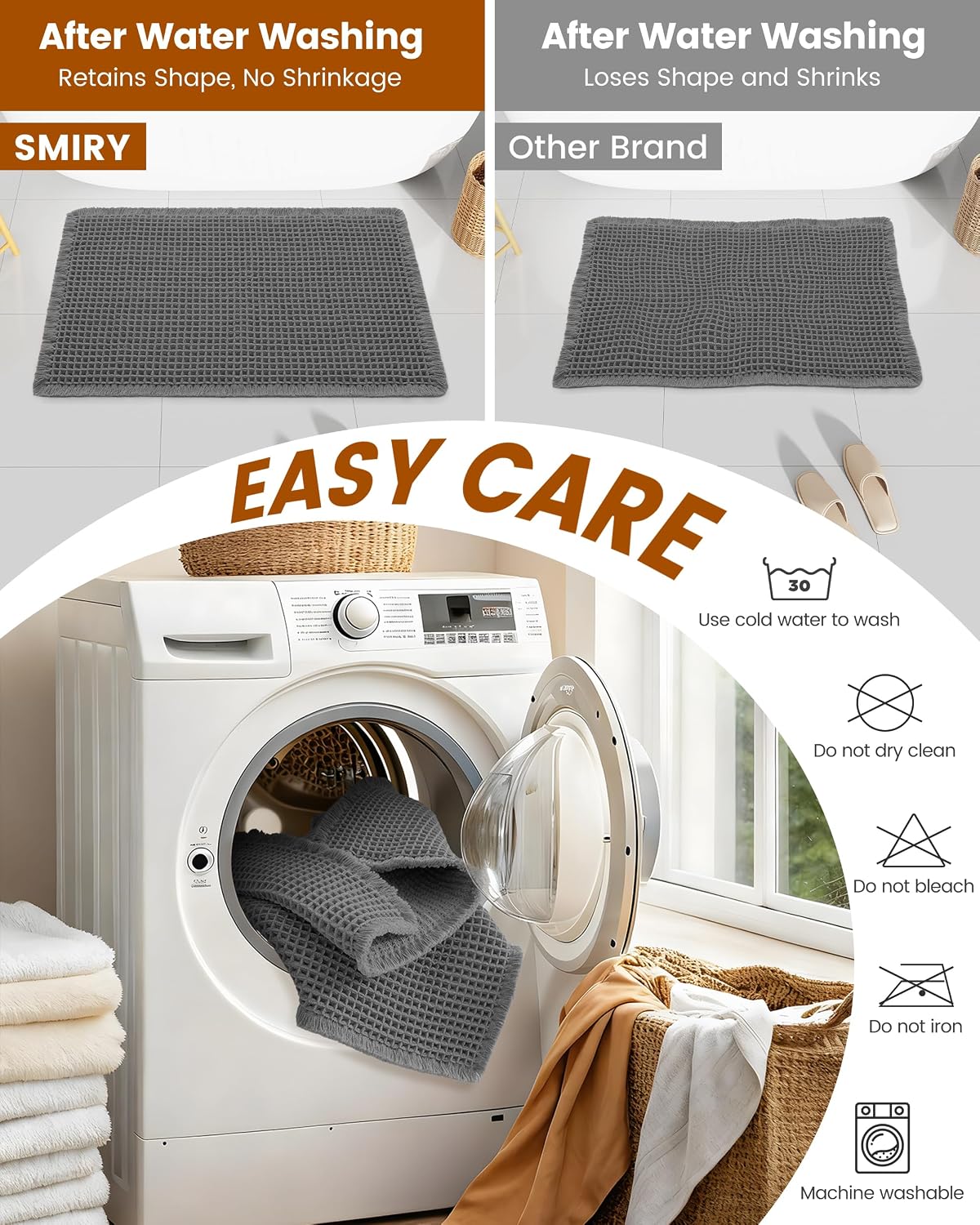 Detalle de Smiry Waffle Bath Mat 24x16 — Extra Soft, Absorbent Non-Slip Bath Rug