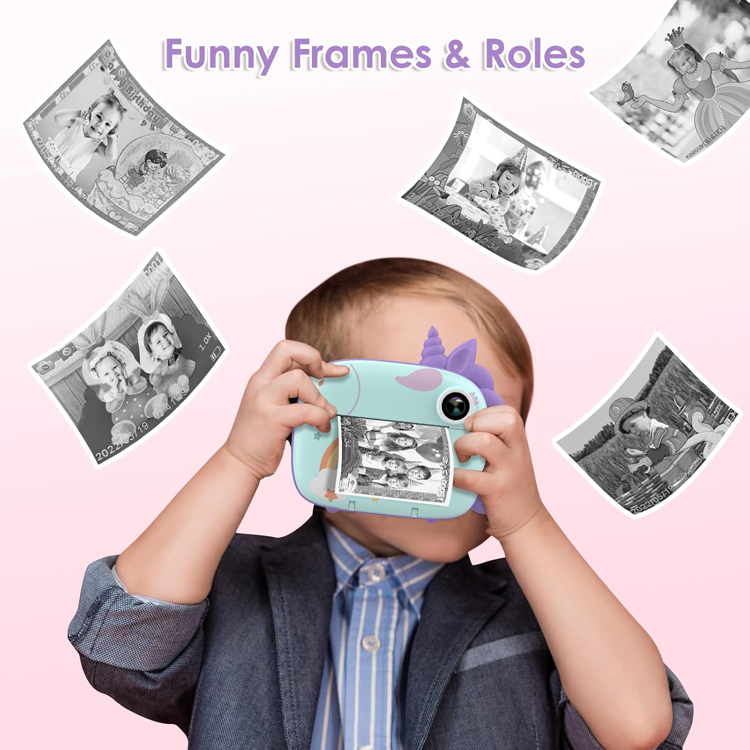 Detalle de HiMont Kids Camera Instant Print (Green) – digital camera with no-ink instant B&W prints, 32G TF card & DIY pens