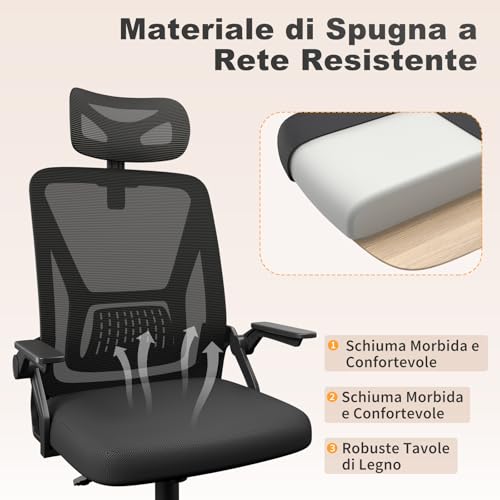 Thumbnail 8 de naspaluro Sedia da Ufficio con Braccioli Ribaltabili a 90° e Schienale in Rete 3D, Nero