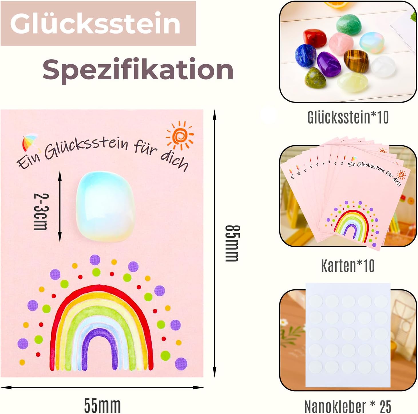 Detalle 2 de XIANNVXI Glücksstein Mitbringsel – 10 bunte Trommelstein Glückssteine mit Karten, Kleber und Geschenkbox