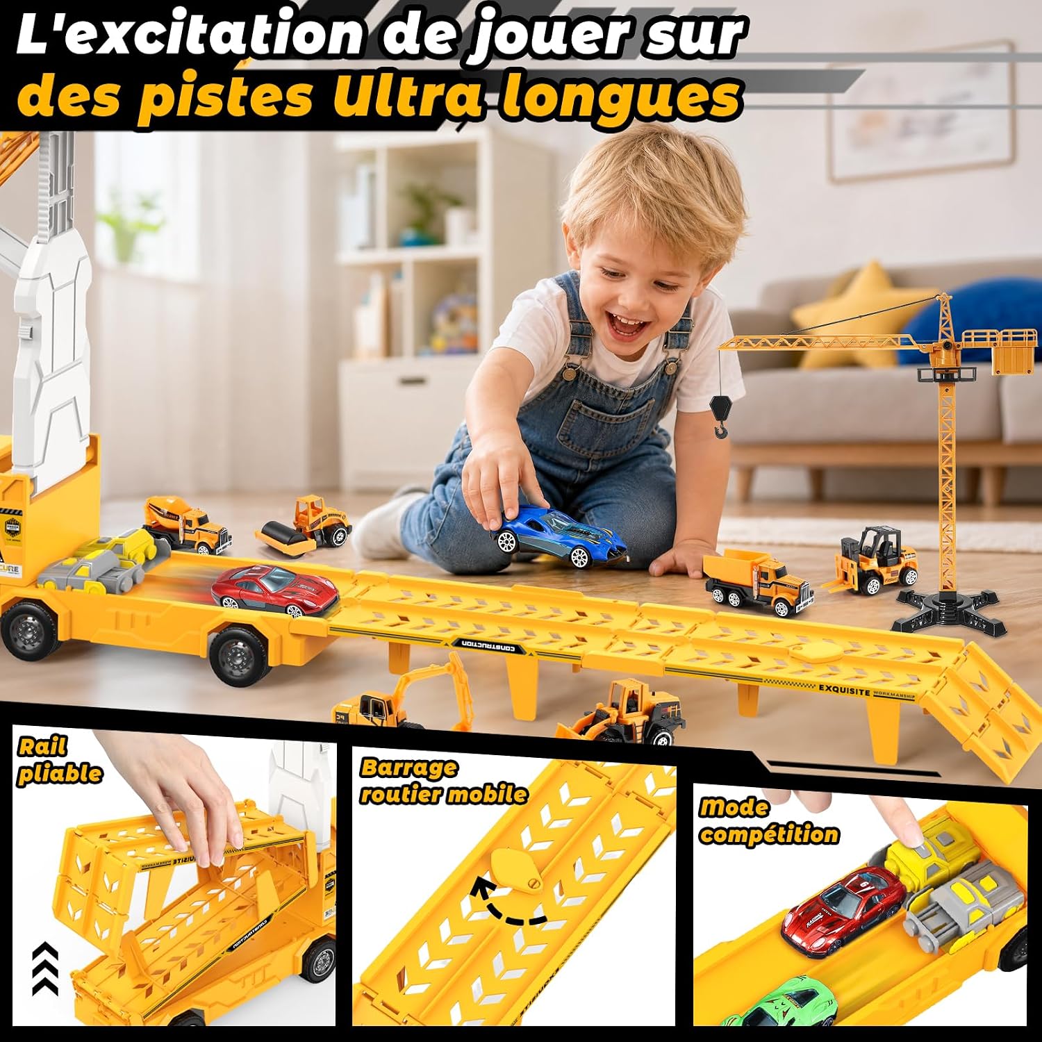 Thumbnail 4 de EUCOCO Transporteur Voiture Enfants 3D – Camion de construction avec 8 mini voitures, jeu 3 en 1 (2 pistes intégrées) pour garçons 3–8 ans